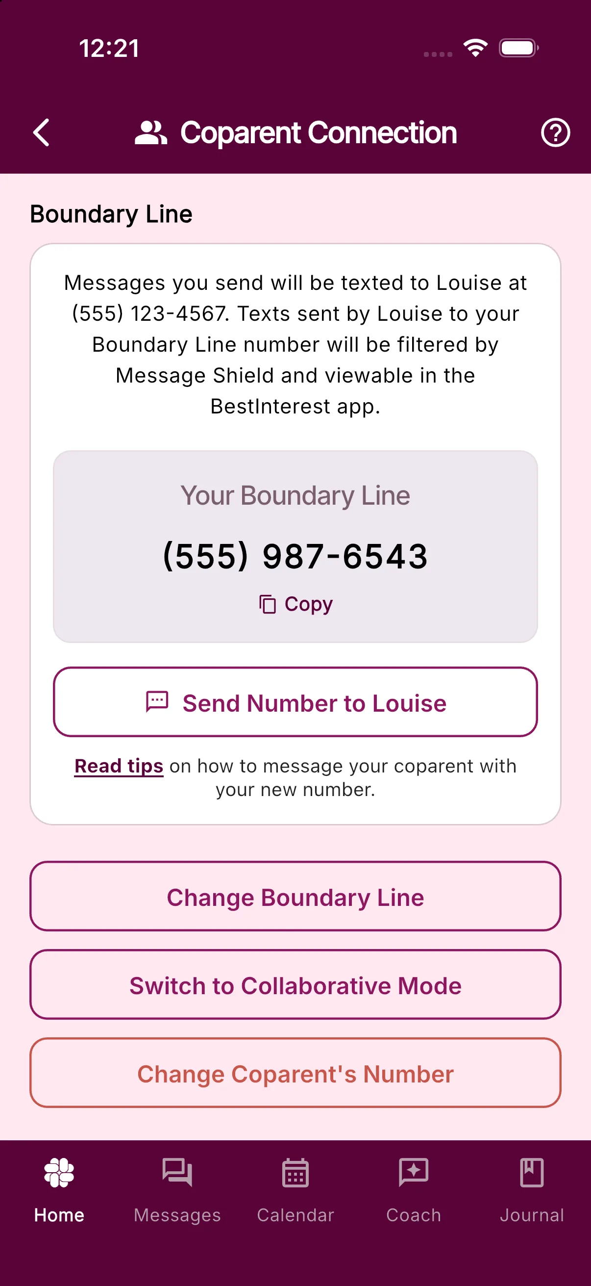 Coparent Connection showing the Solo Boundary Line phone numbers and controls