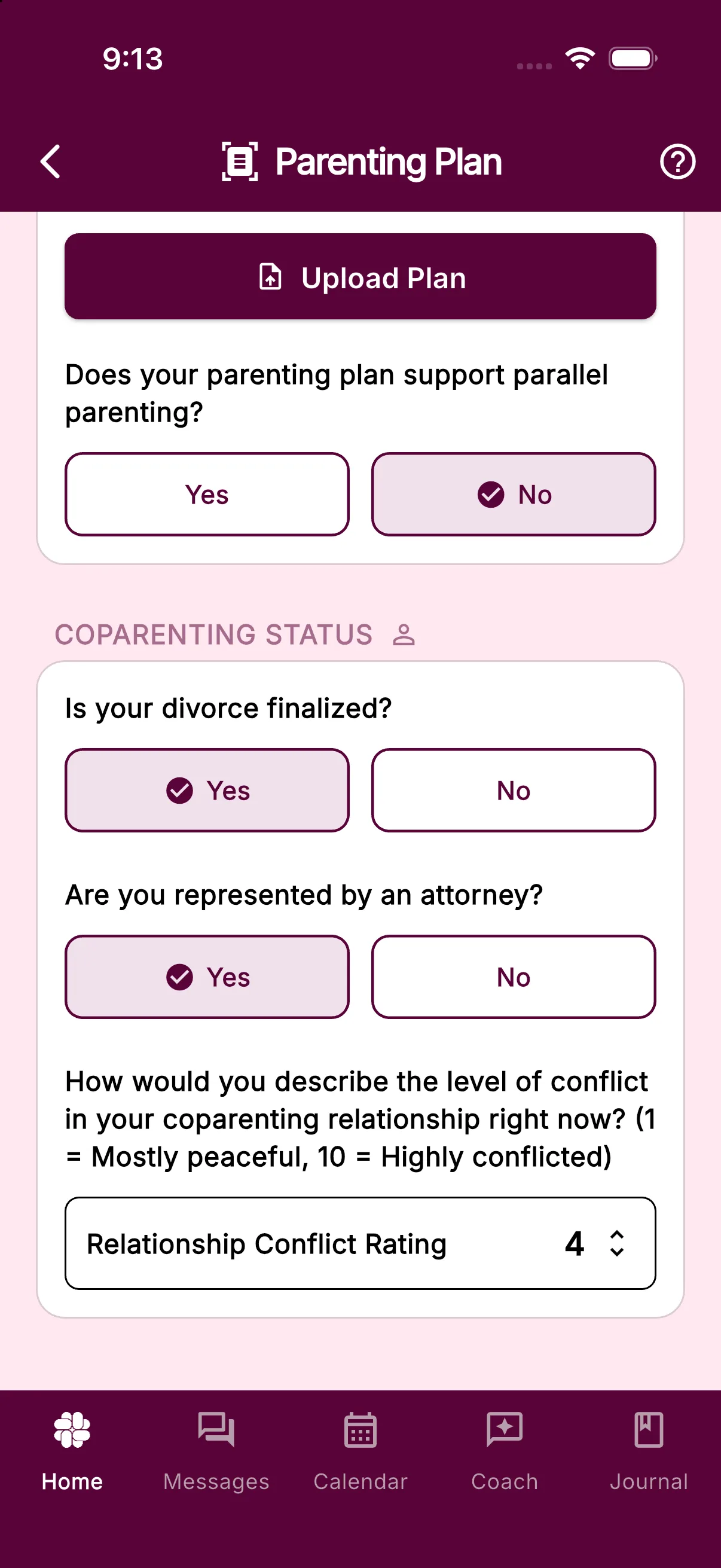 The COPARENTING STATUS card with the divorce and attorney questions answered and the Relationship Conflict Rating set
