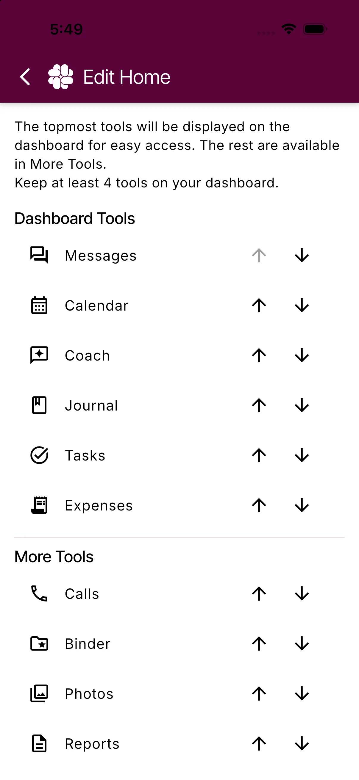 The Edit Home screen with Dashboard Tools above the divider and More Tools below, each with up and down arrows