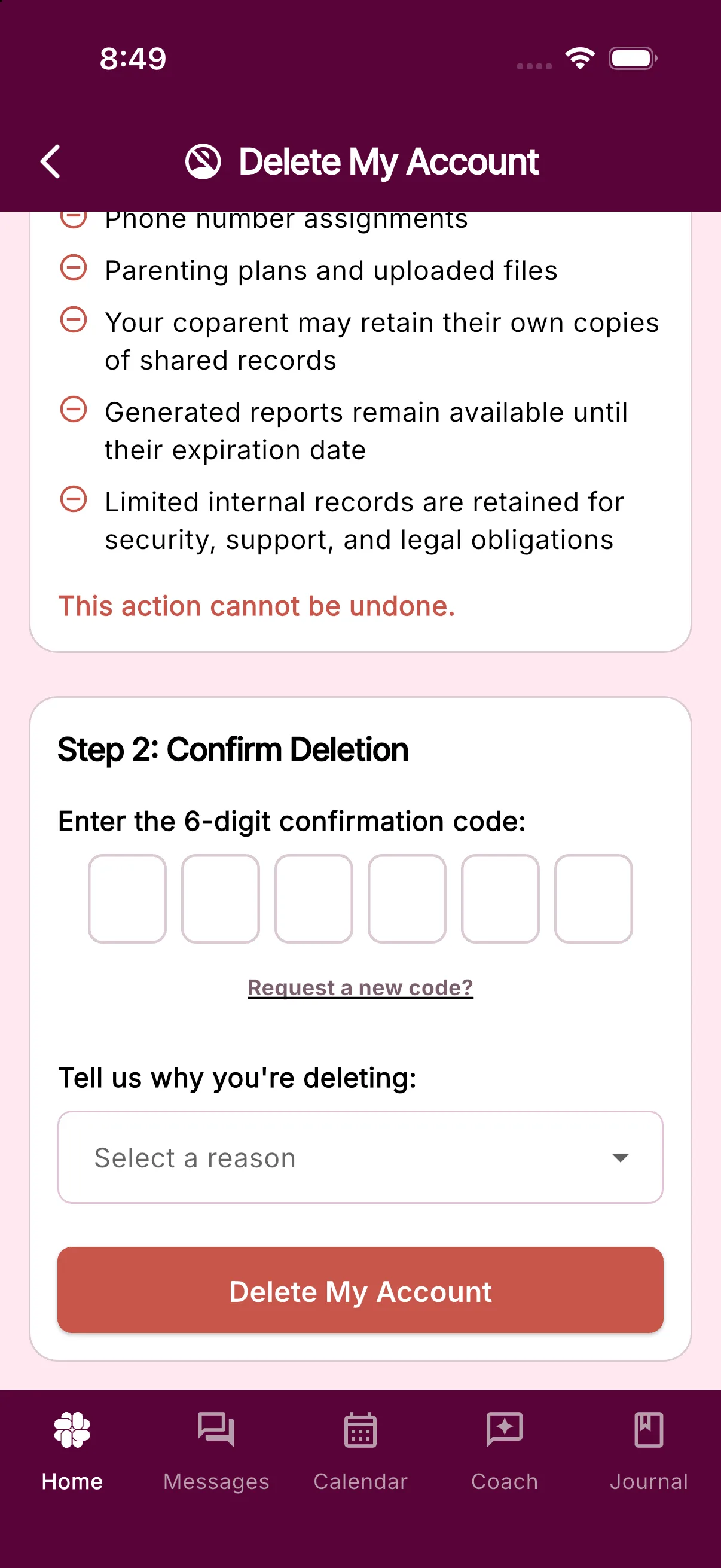 The Delete My Account screen showing the confirmation code and deletion steps