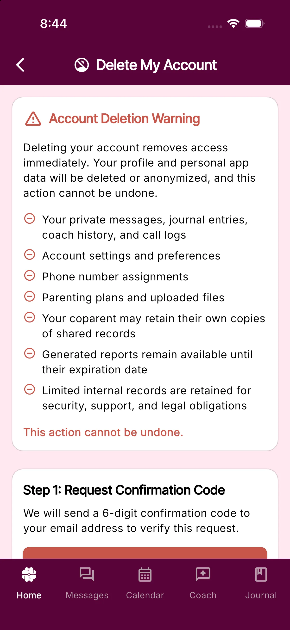 The Delete My Account screen showing the account deletion warning