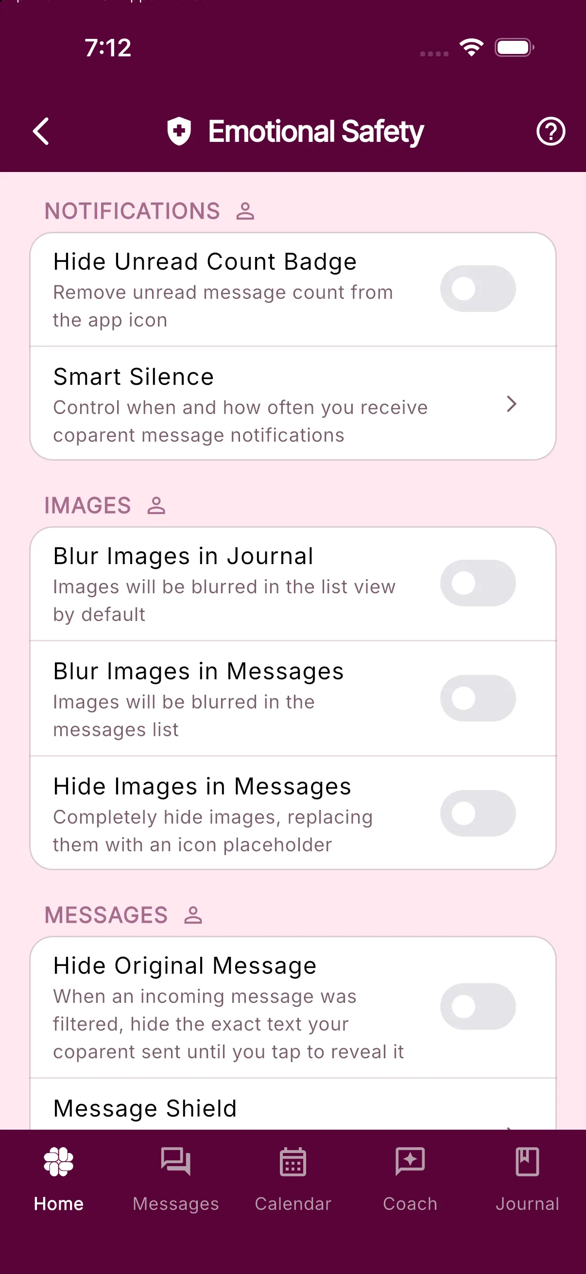 Emotional Safety settings with controls for notifications, images, and messages