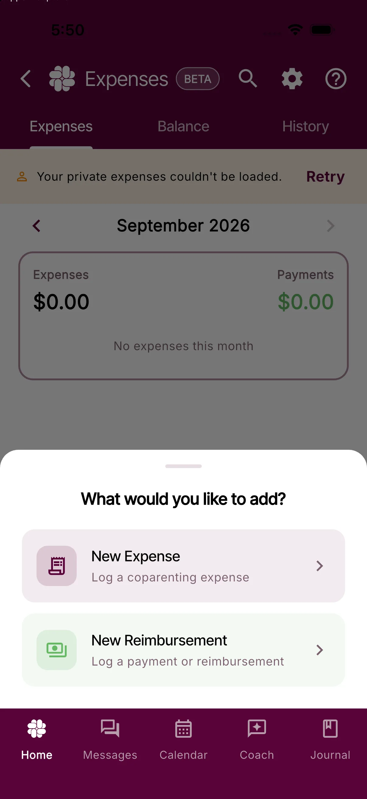 The Expenses action picker with New Expense and New Reimbursement