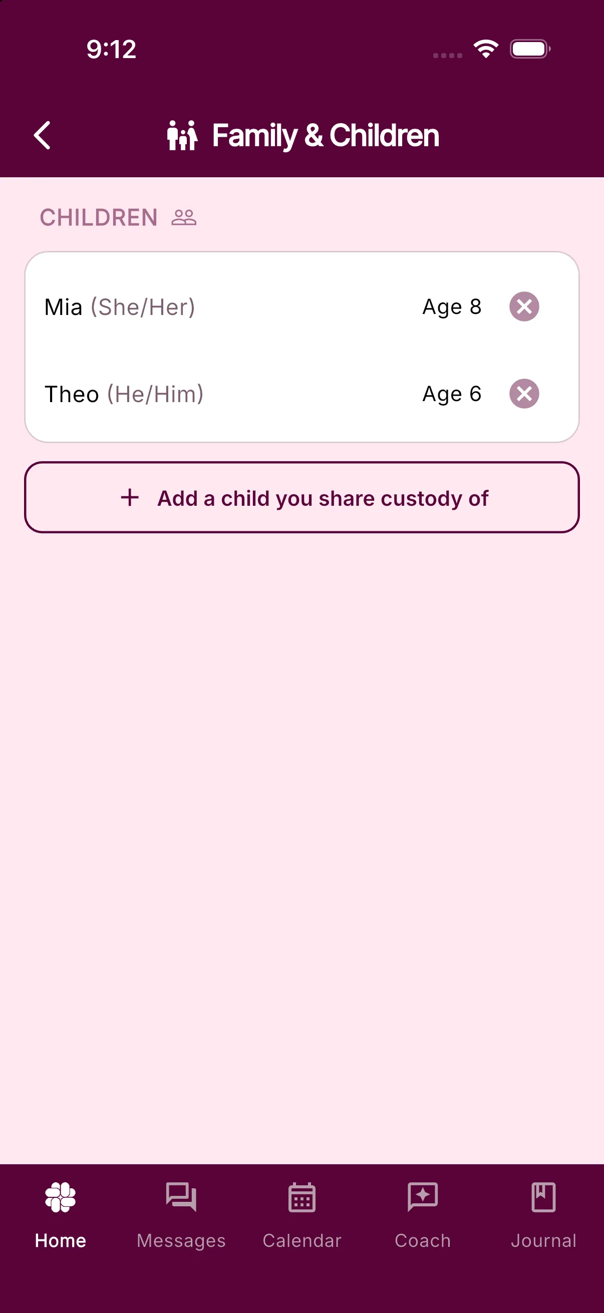 The Family & Children screen listing two children with their pronouns and ages, and the Add a child you share custody of button