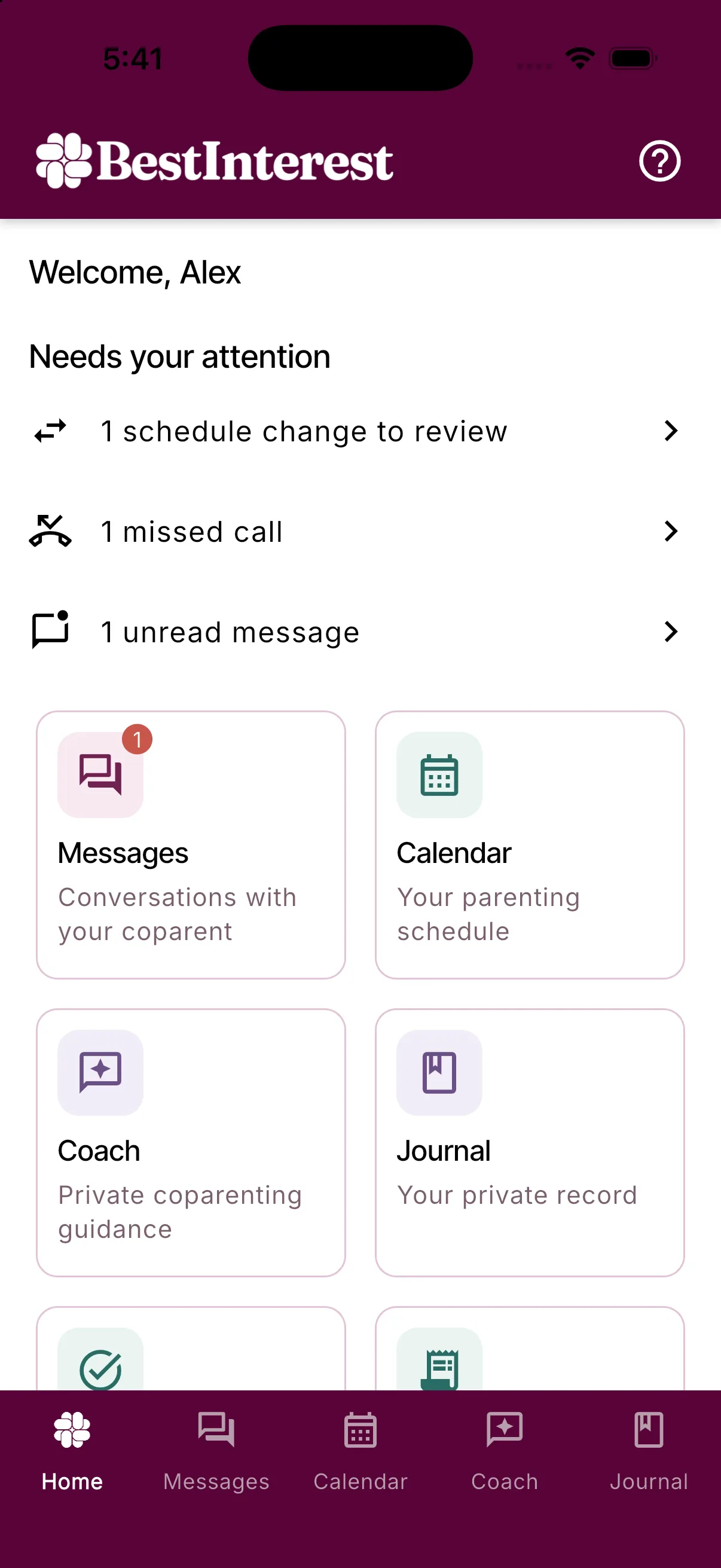 The BestInterest Home dashboard showing the Needs your attention list and the tool cards