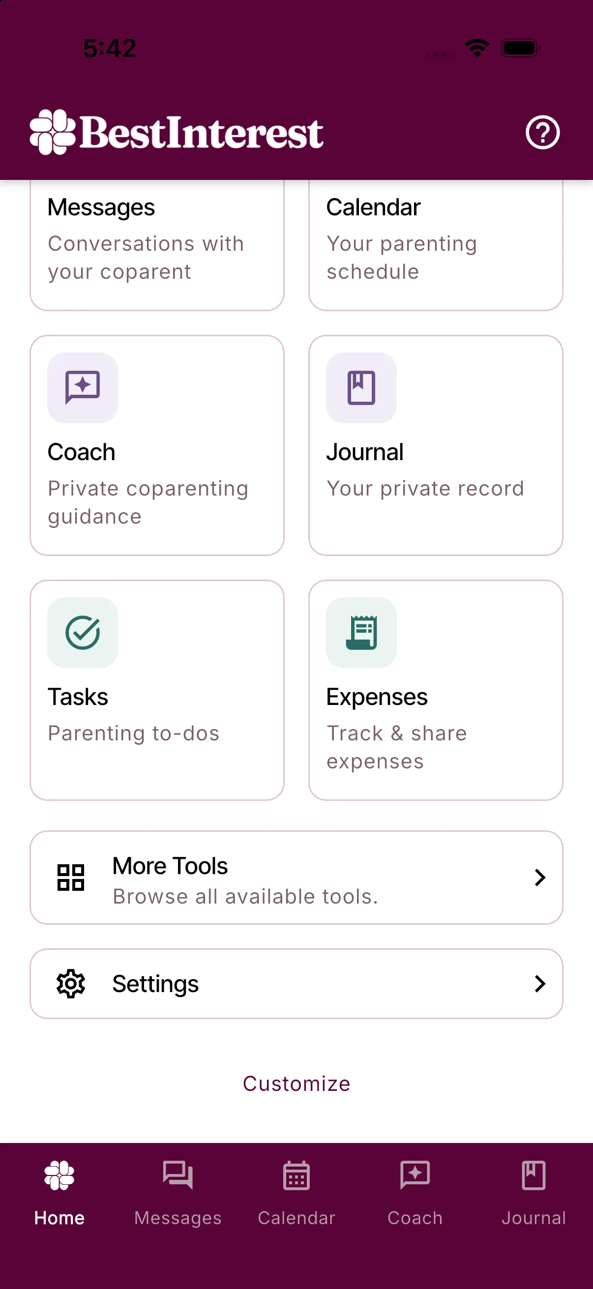 The bottom of the Home dashboard with the More Tools and Settings buttons and the Customize link