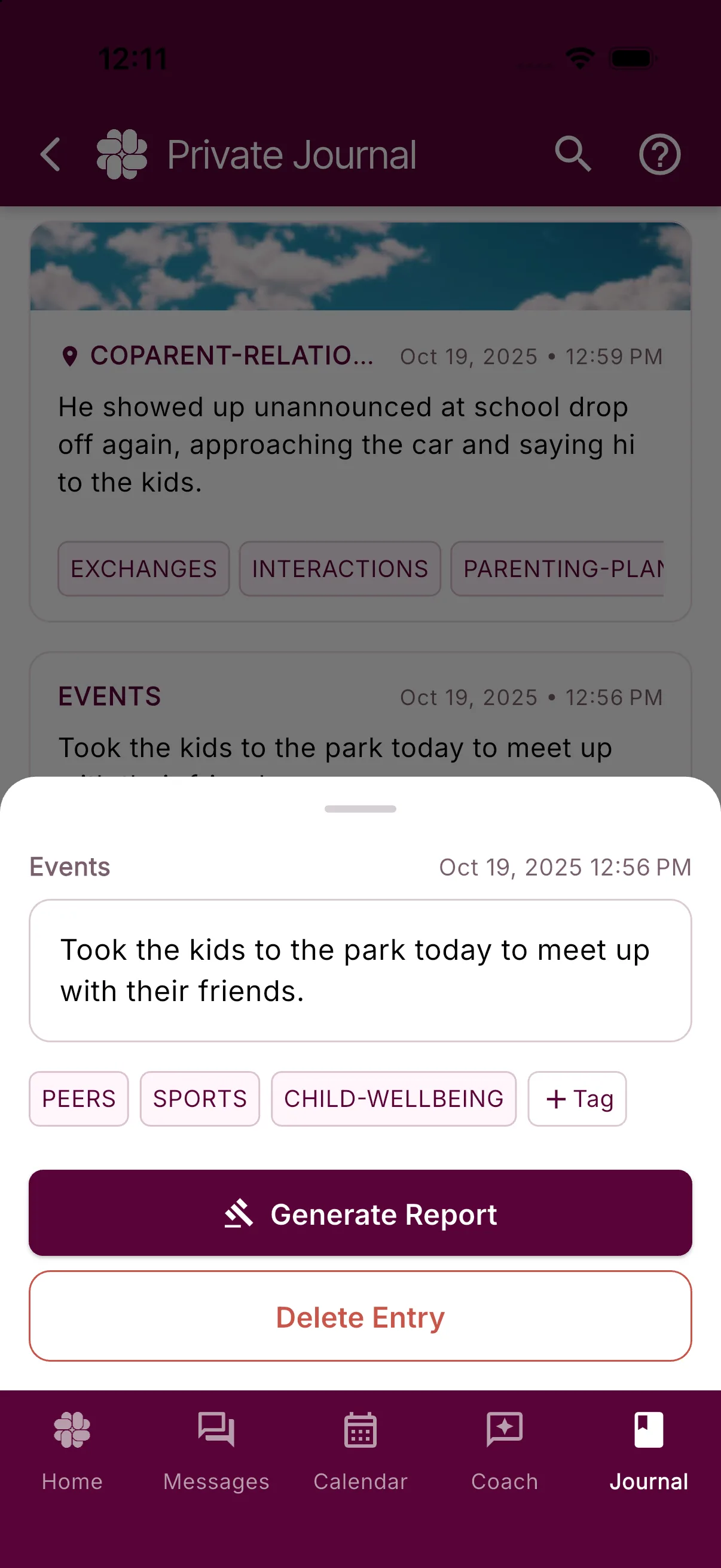 A saved private journal entry showing its read-only note, date, tags, Generate Report, and Delete Entry controls