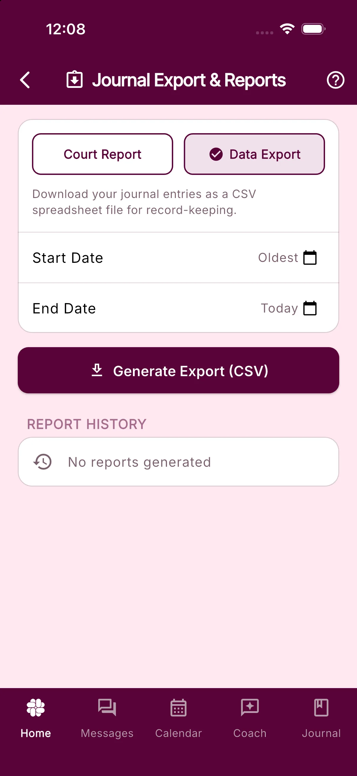 Journal Export & Reports with Data Export selected and the Generate Export button