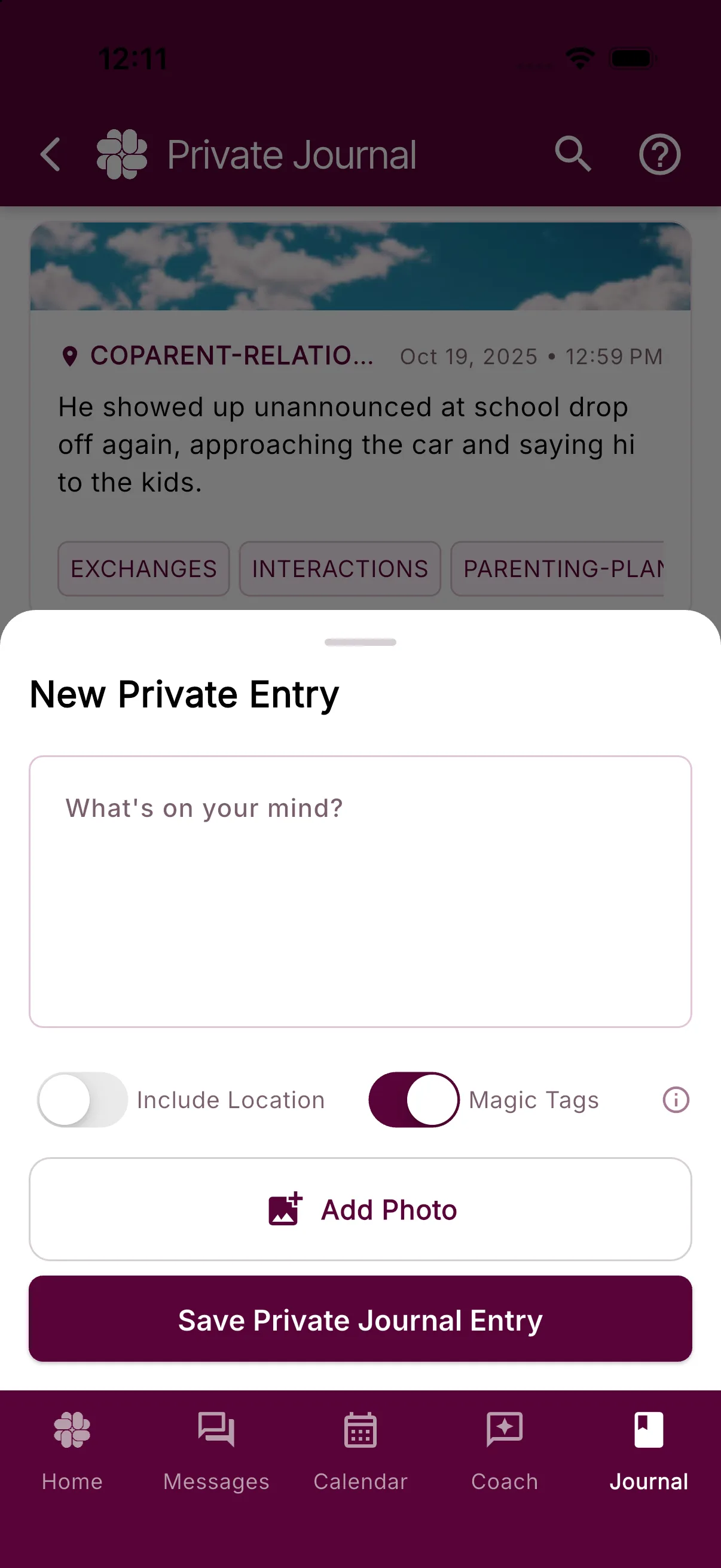 The New Private Entry sheet with the Include Location switch