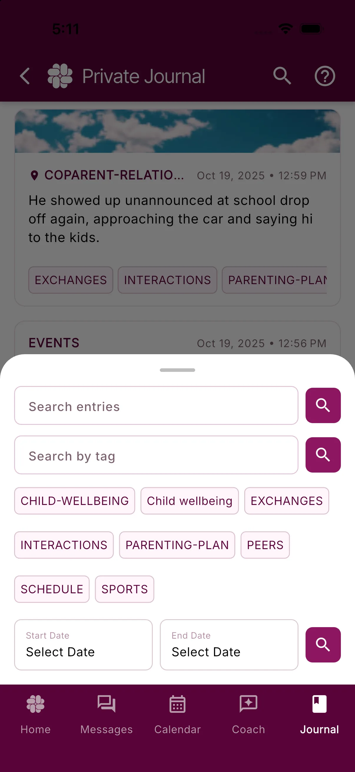 Journal search filters for text, tags, and dates