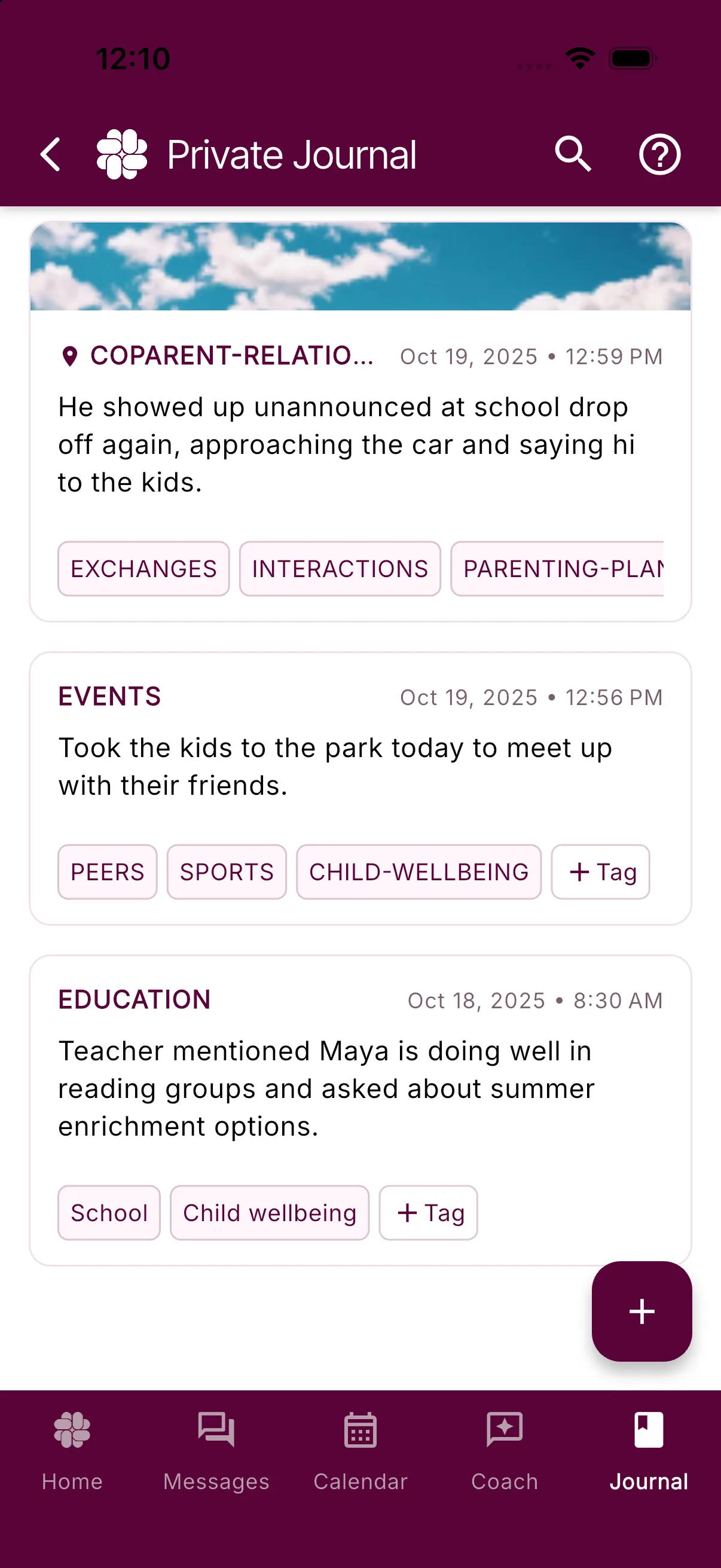 The Private Journal tab showing saved entries with dates, tags, a photo, and a location indicator