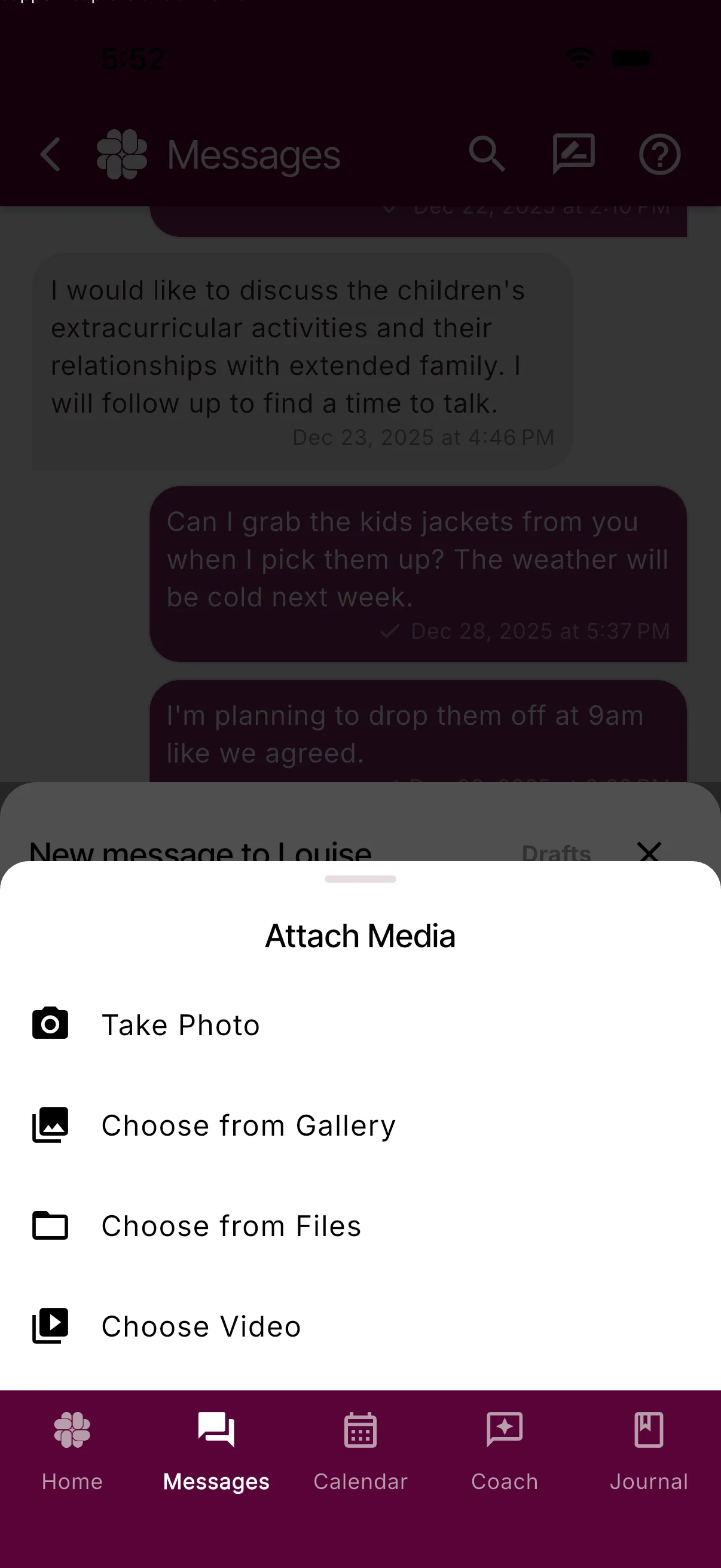 Message attachment choices for photos, files, and video