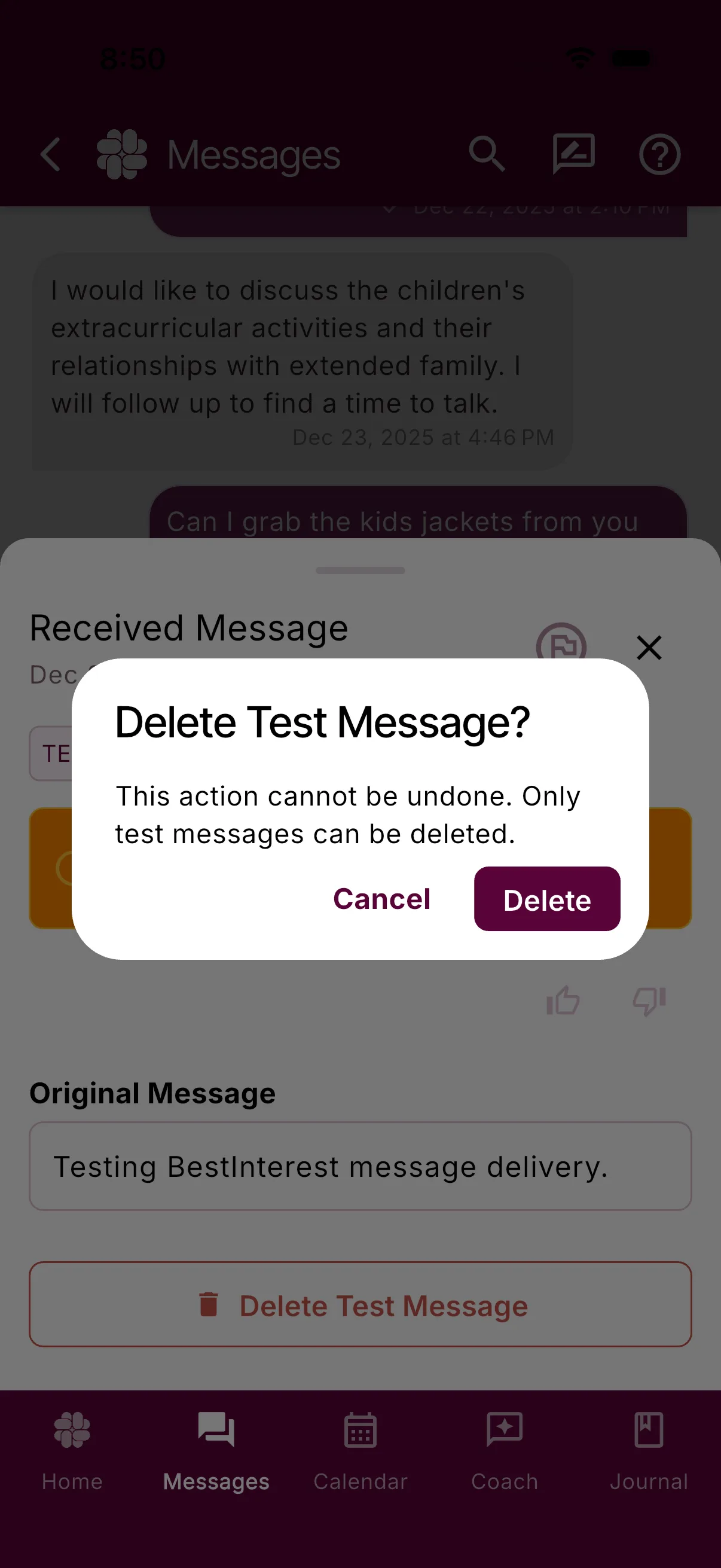 A self-test message confirmation explaining that only test messages can be deleted
