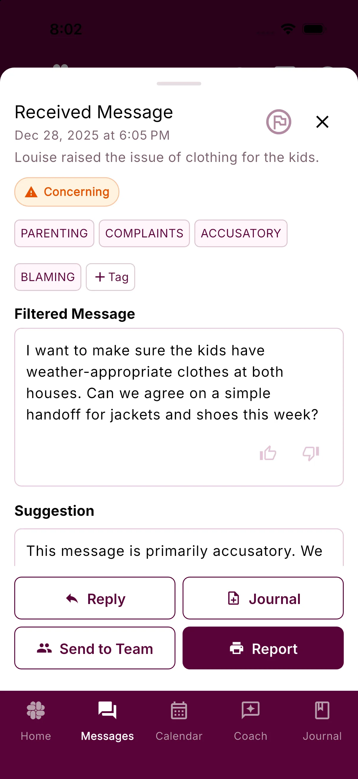 A received message opened in its detail sheet showing its tags, the filtered text, the suggestion, and the Reply, Journal, Send to Team, and Report buttons
