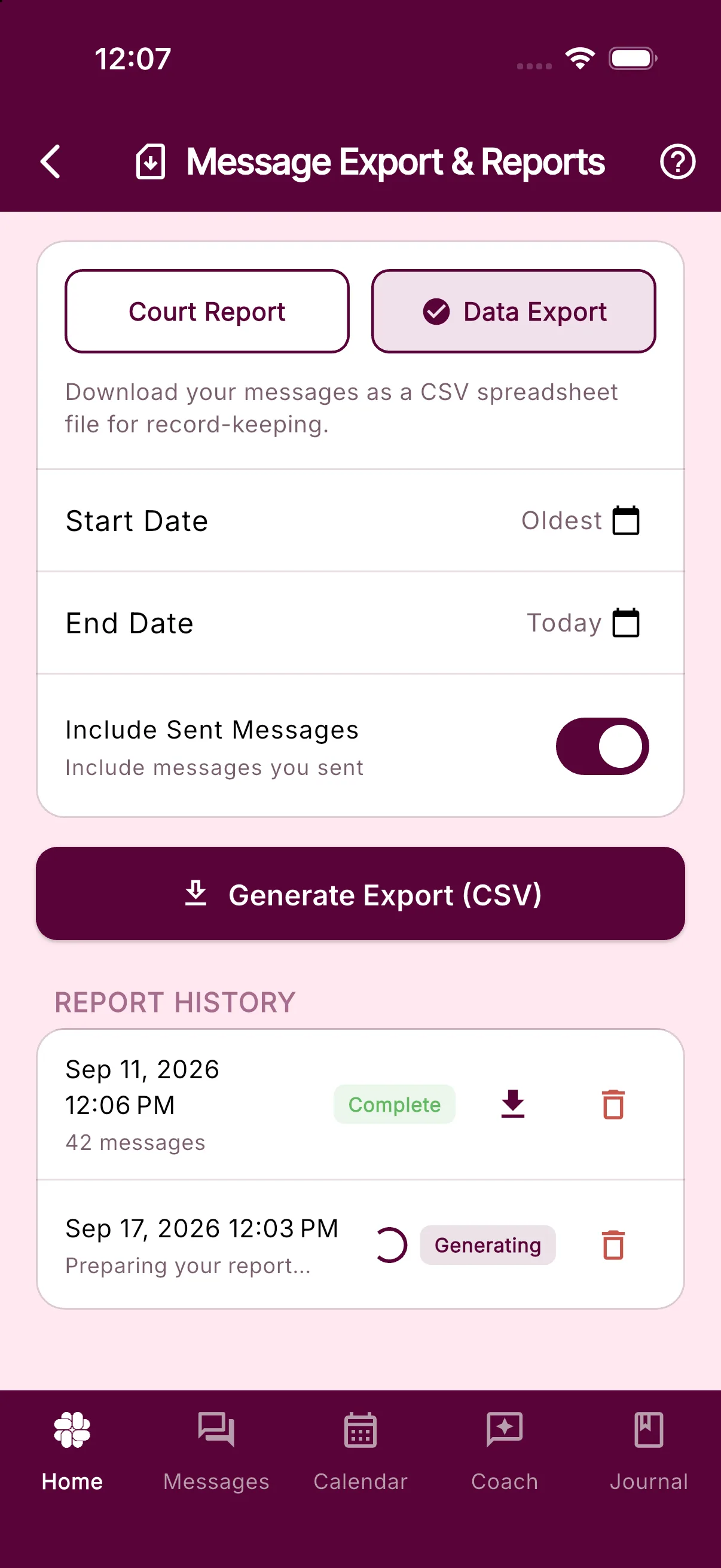 The Message Export and Reports screen with Data Export selected, date range, Filter by Tag, Include Sent Messages, and the Generate Export CSV button