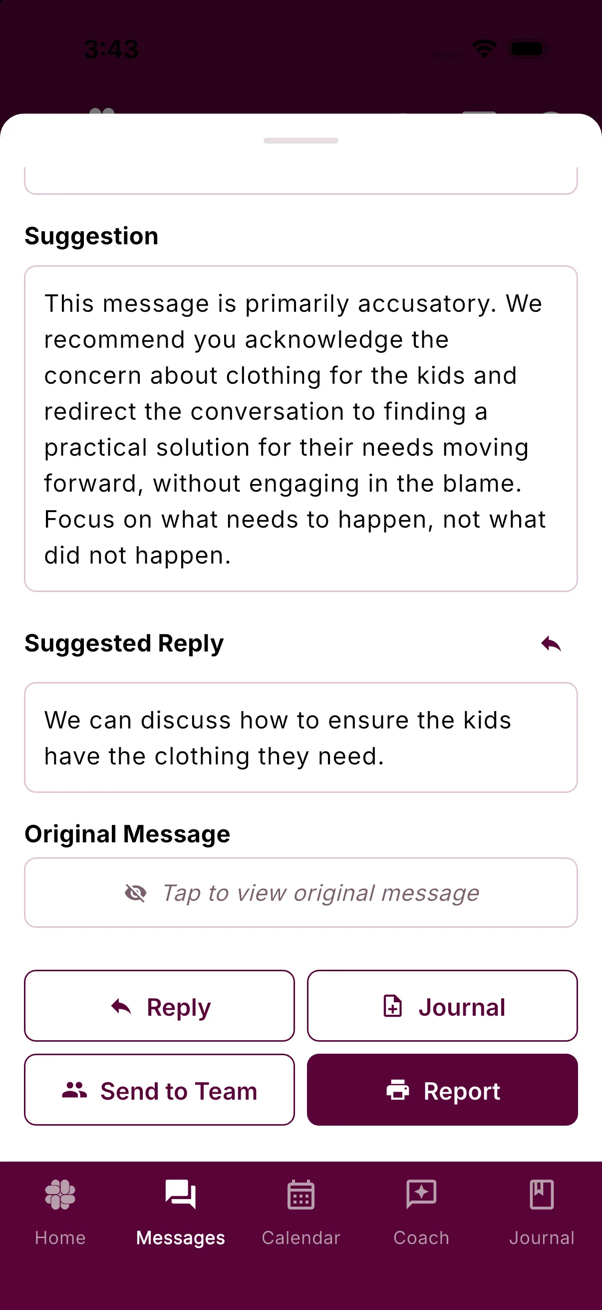 A received message with its Original Message section hidden behind Tap to view original message