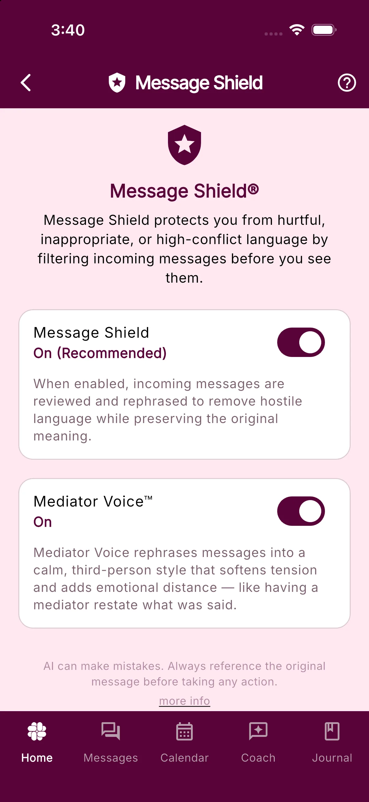 The Message Shield settings screen with Message Shield and Mediator Voice turned on