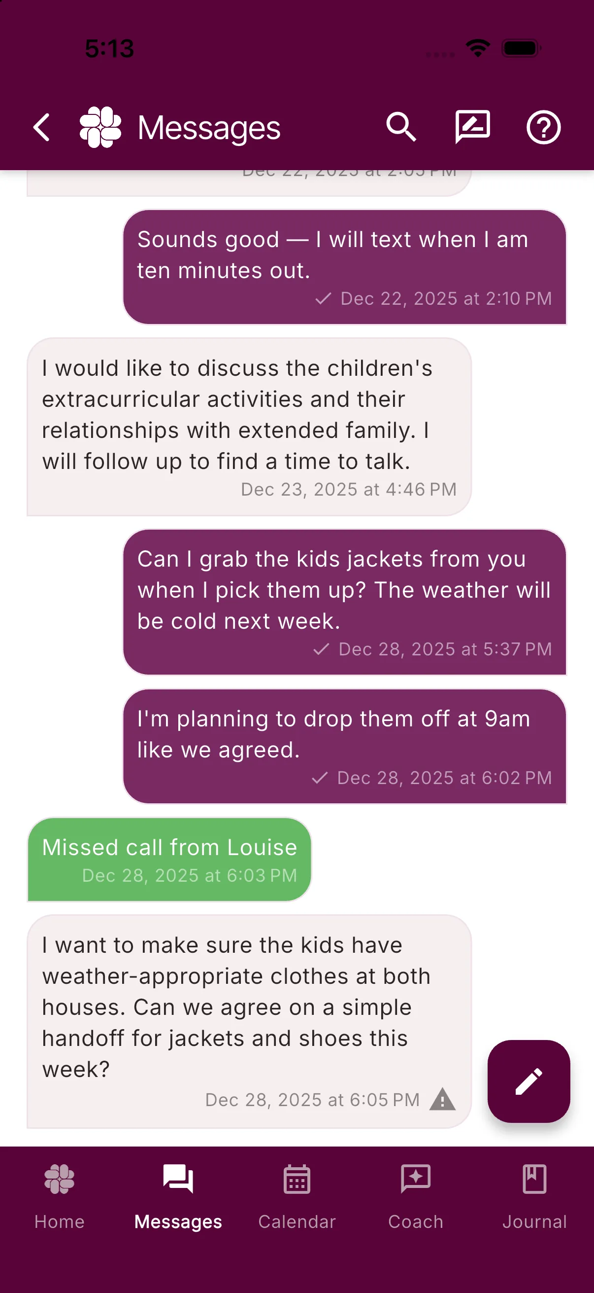A green system message in the Messages list