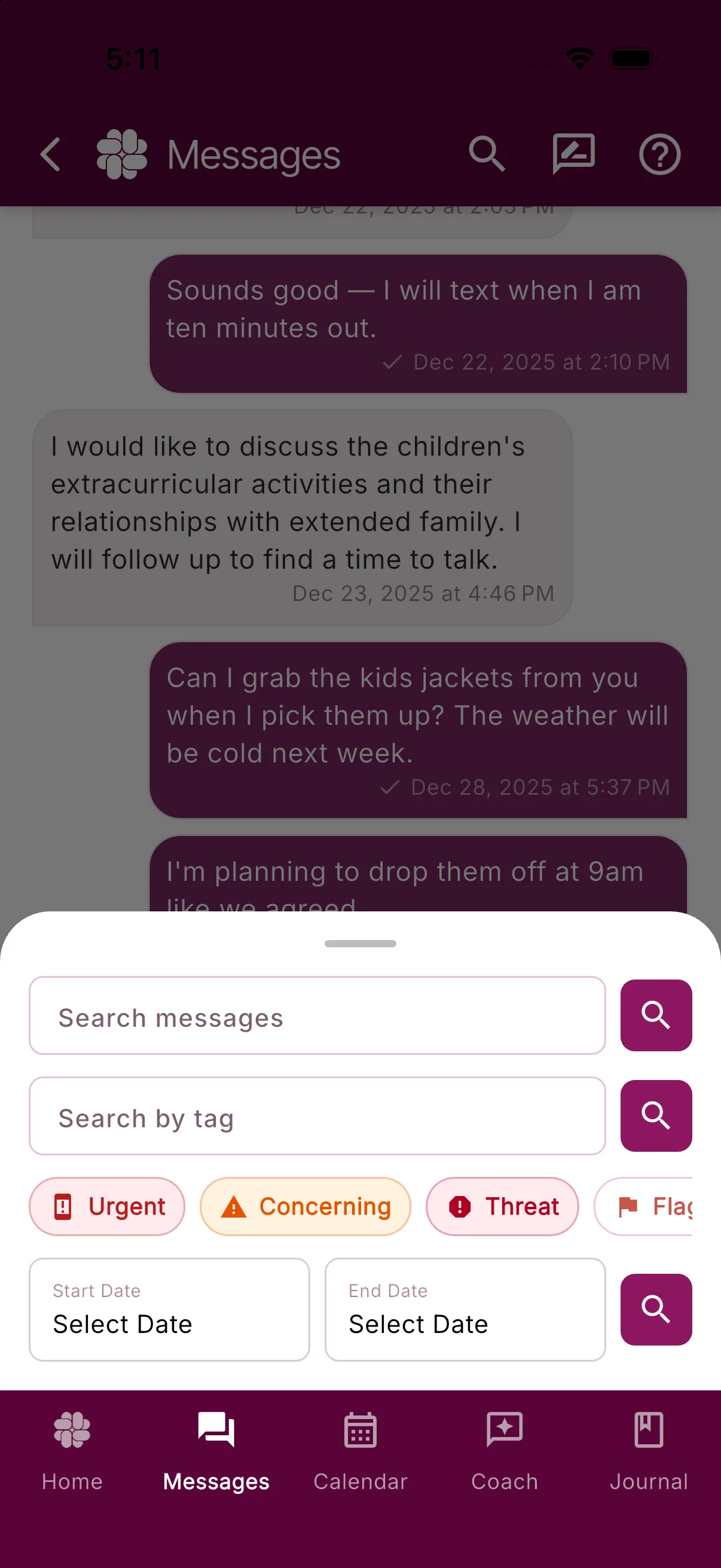 Messages search filters for text, tags, classifications, and dates