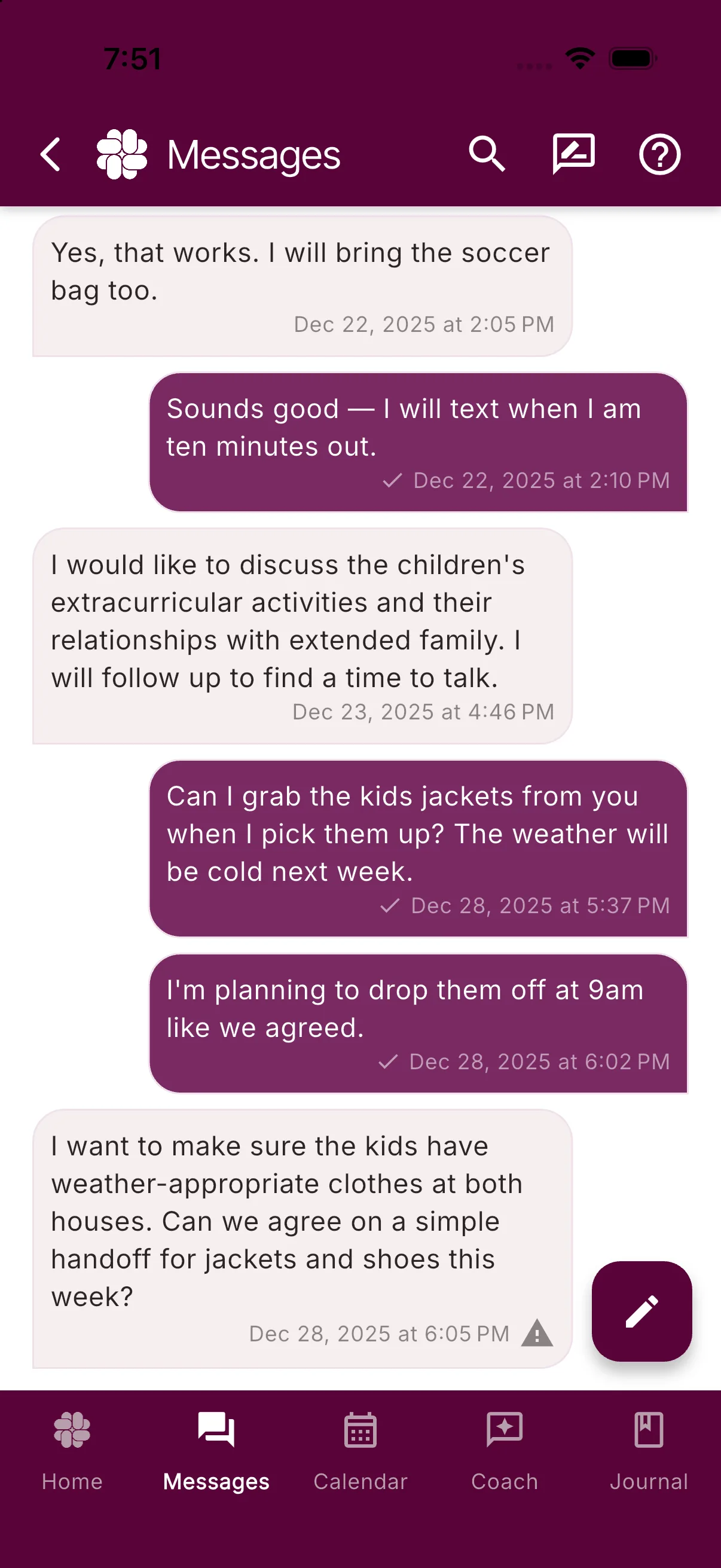 The Messages tab with the conversation thread, Search and Drafts icons, and the New Message button