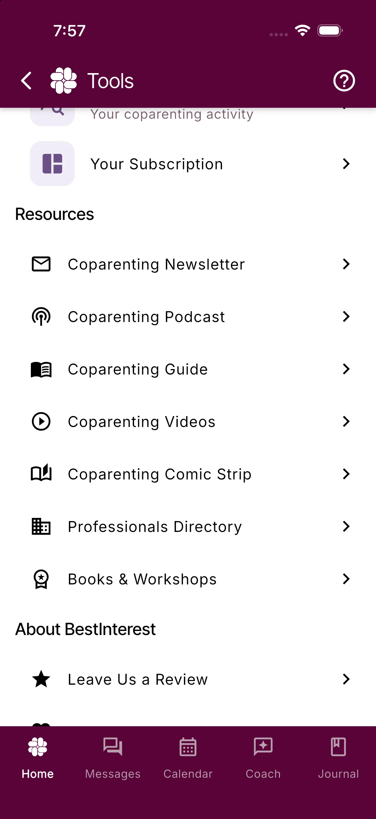 The Resources section of More Tools listing the newsletter, podcast, guide, videos, comic strip, professionals directory, and books and workshops