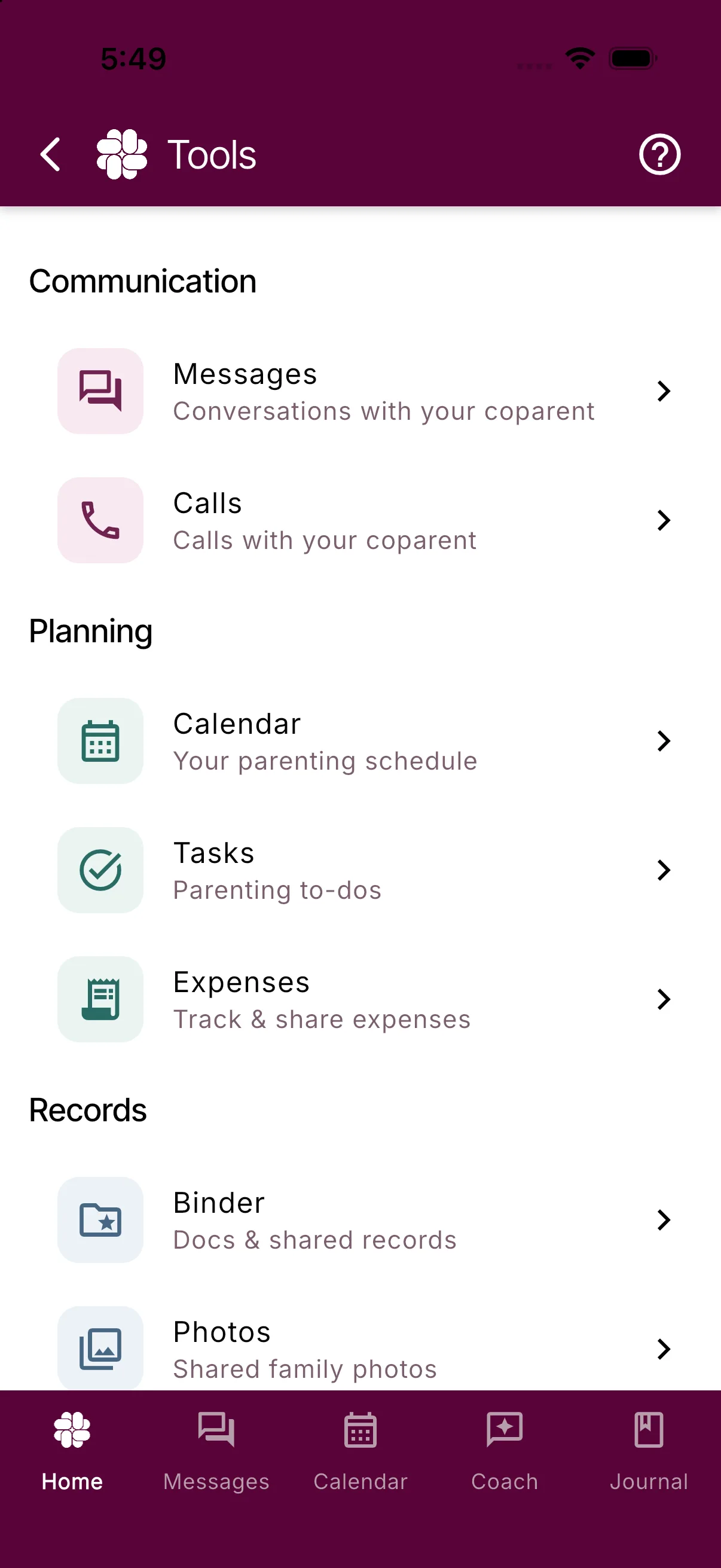 The More Tools screen listing tools by group: Communication, Planning, and Records