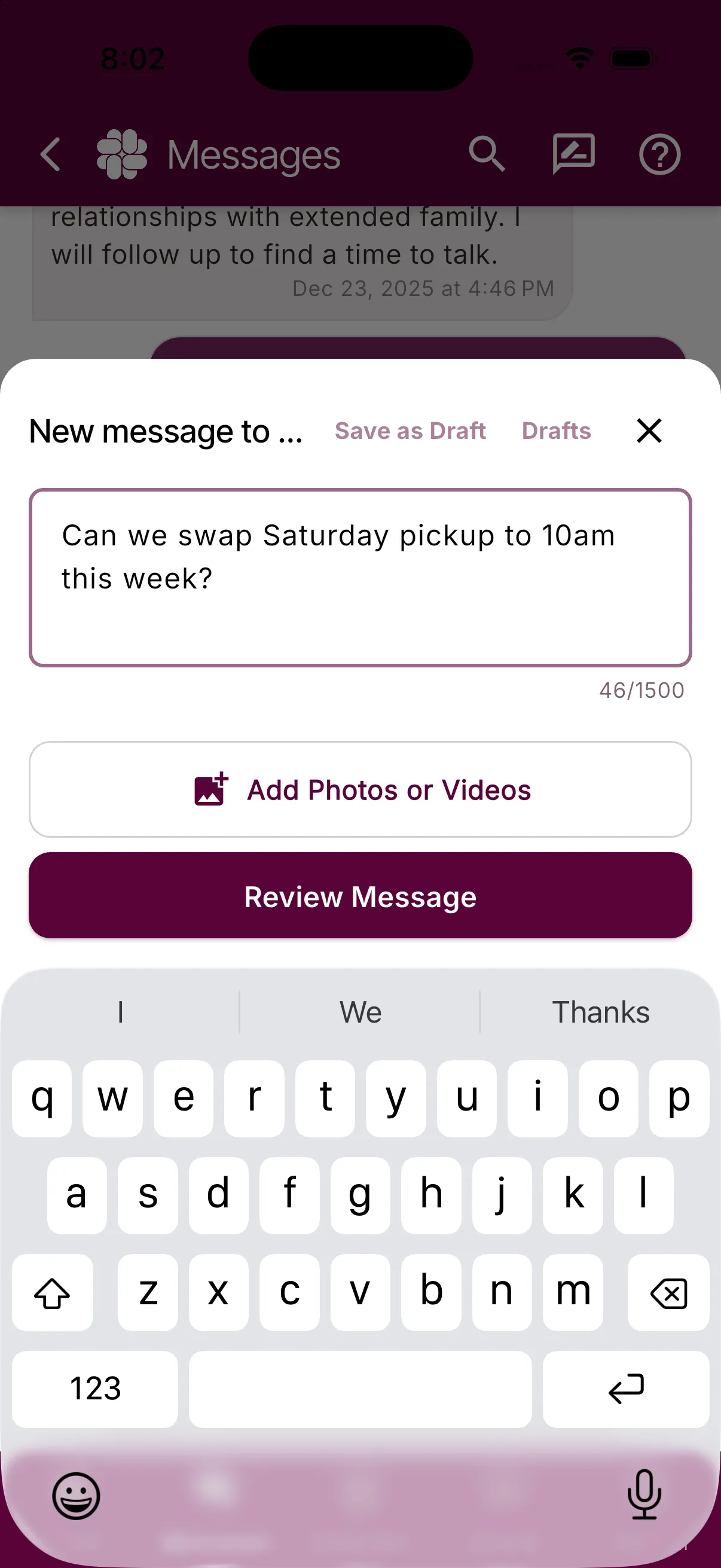The New Message sheet with the text box, Add Photos, and the Review Message button