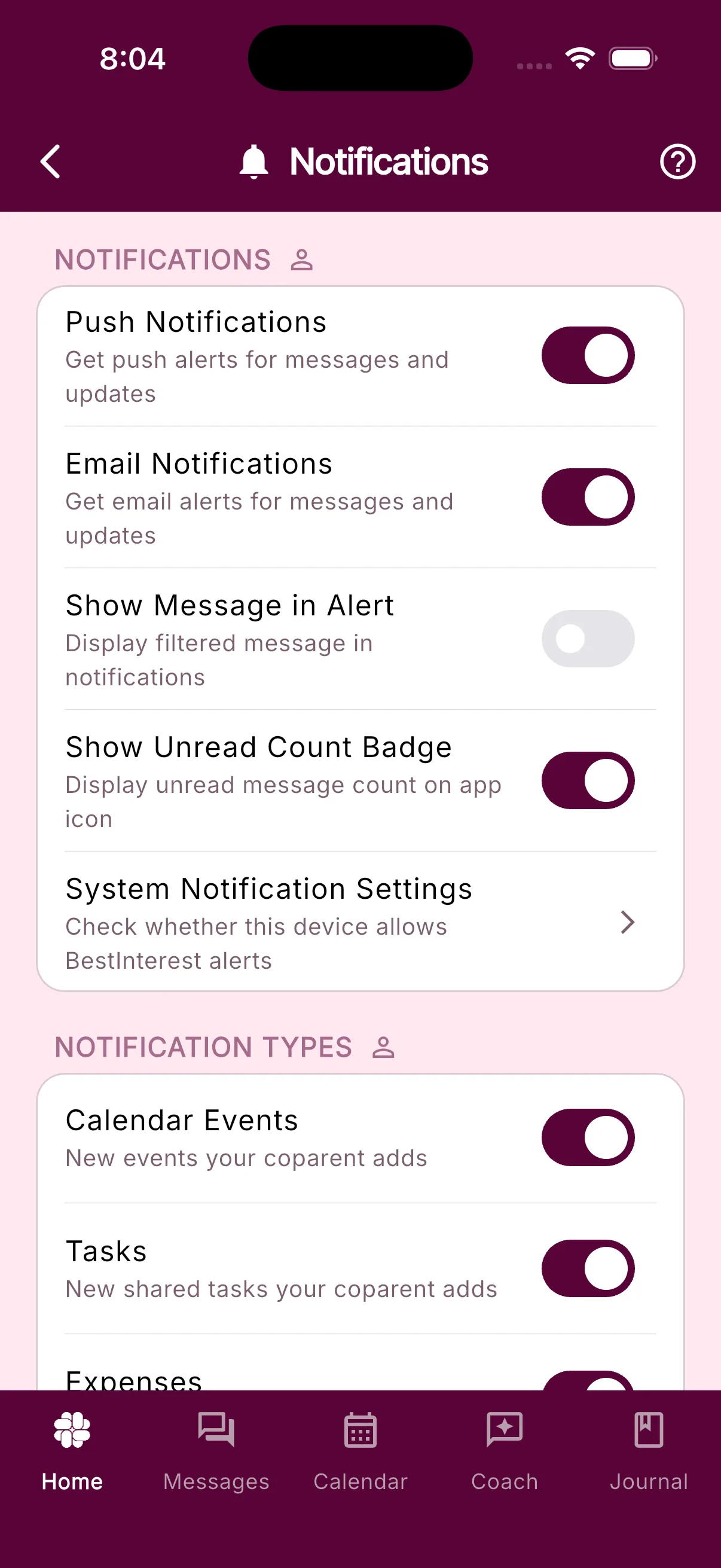 The Notifications screen with the Push Notifications, Email Notifications, Show Message in Alert, and Show Unread Count Badge switches