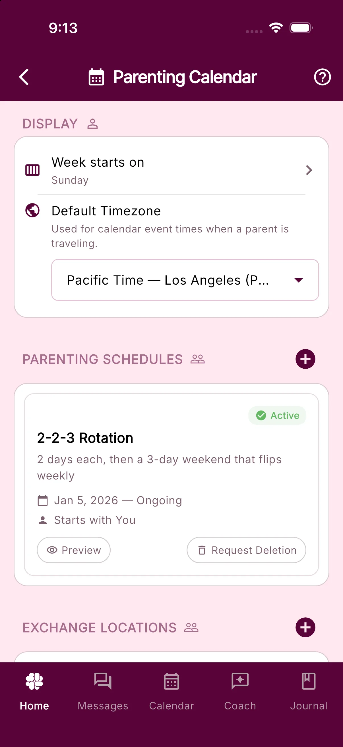The Parenting Calendar settings screen with the DISPLAY section and an active 2-2-3 Rotation under PARENTING SCHEDULES
