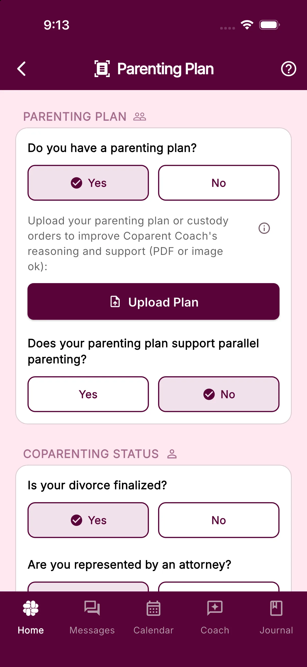The Parenting Plan screen with Yes selected for Do you have a parenting plan and the Upload Plan button below it