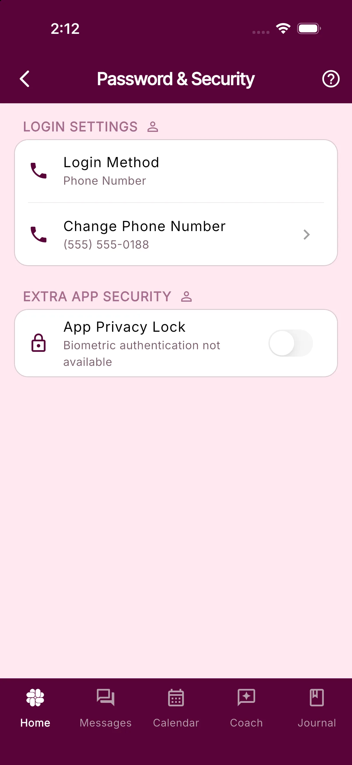 Password and Security settings showing Login Method and Change Phone Number