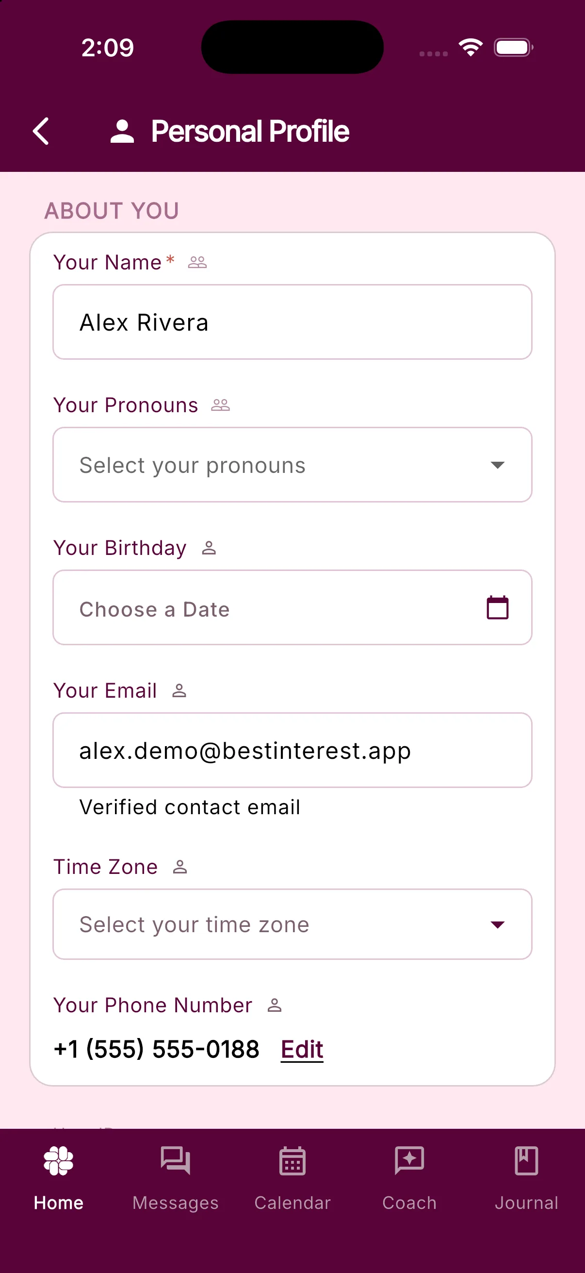 Personal Profile showing the Your Pronouns field
