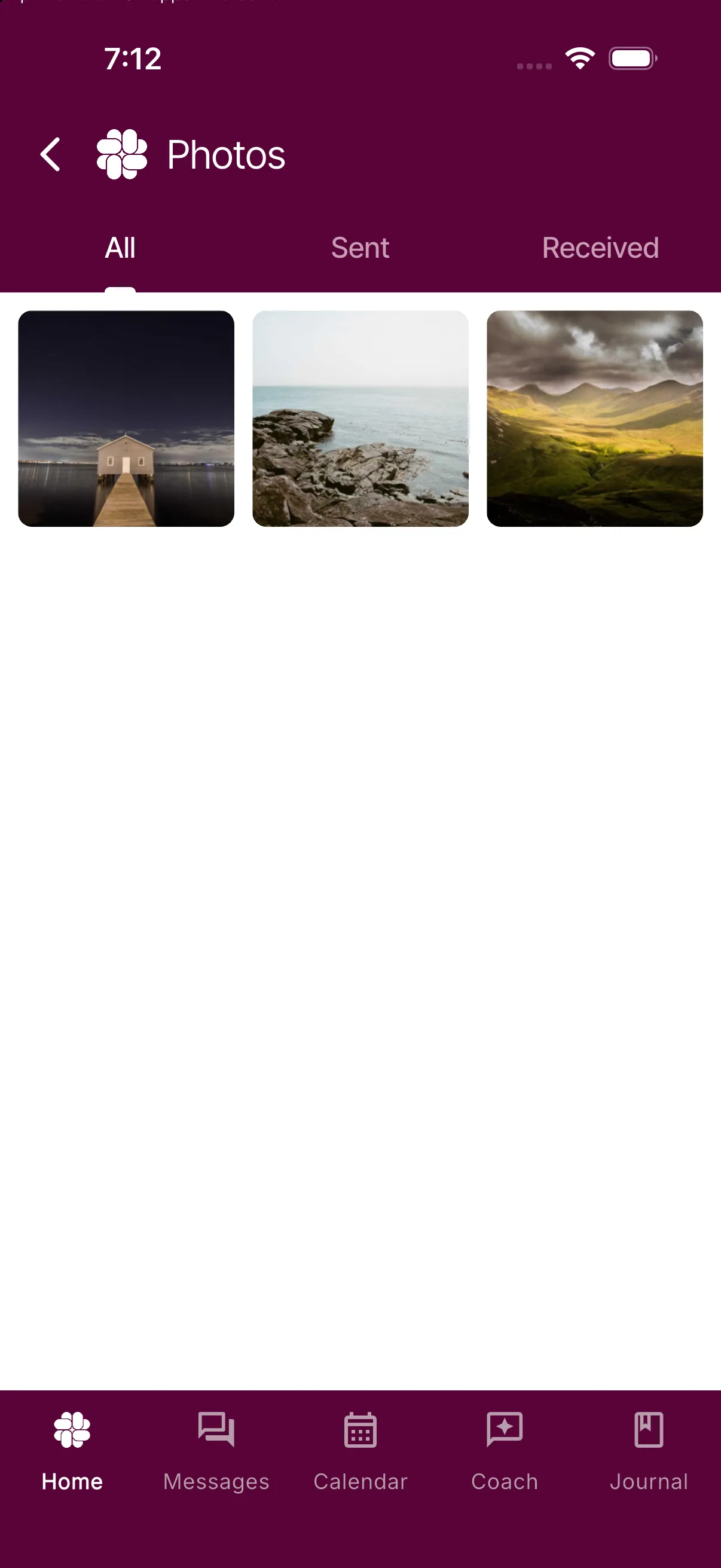 The Photos gallery showing the All, Sent, and Received tabs