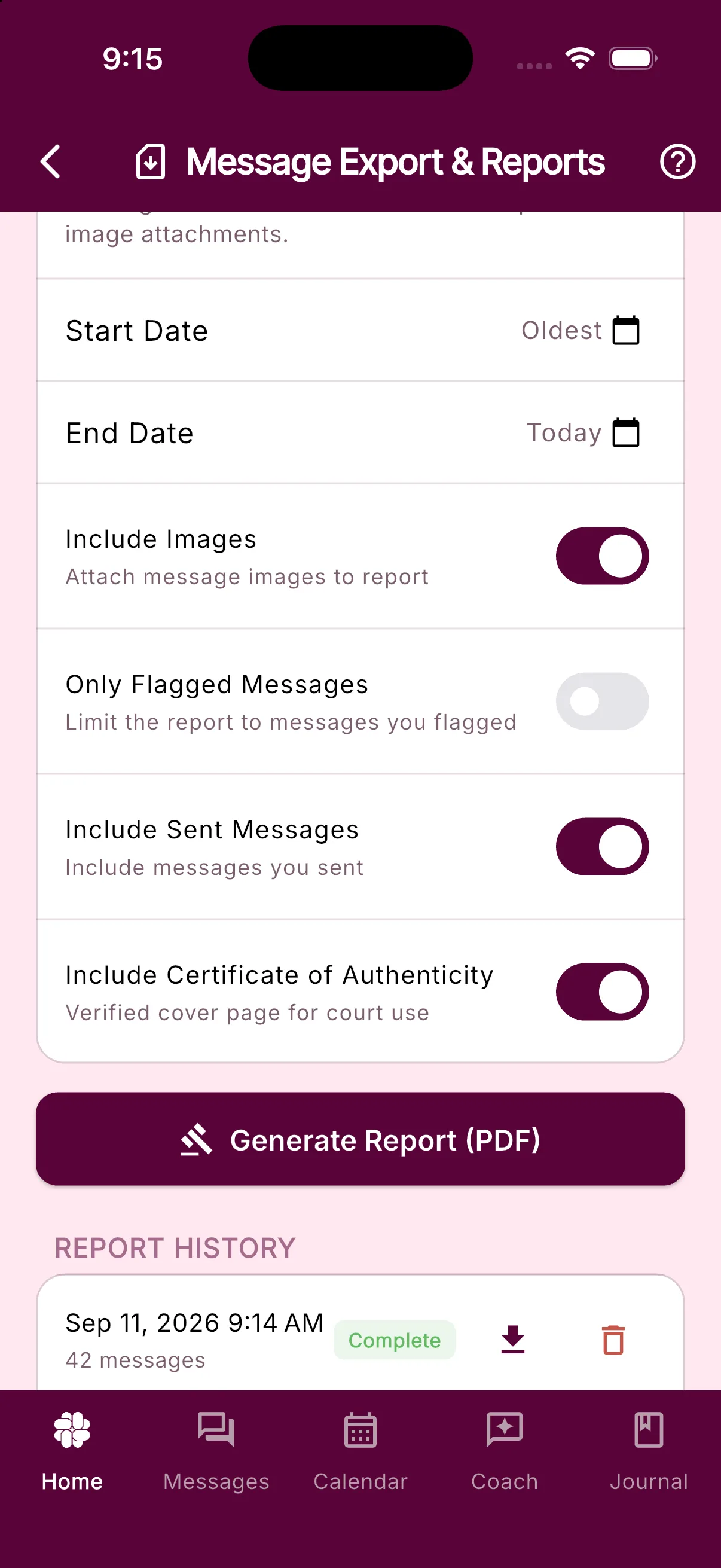 The Message Export & Reports screen with Court Report selected, the date range, the include switches, and the Generate Report (PDF) button