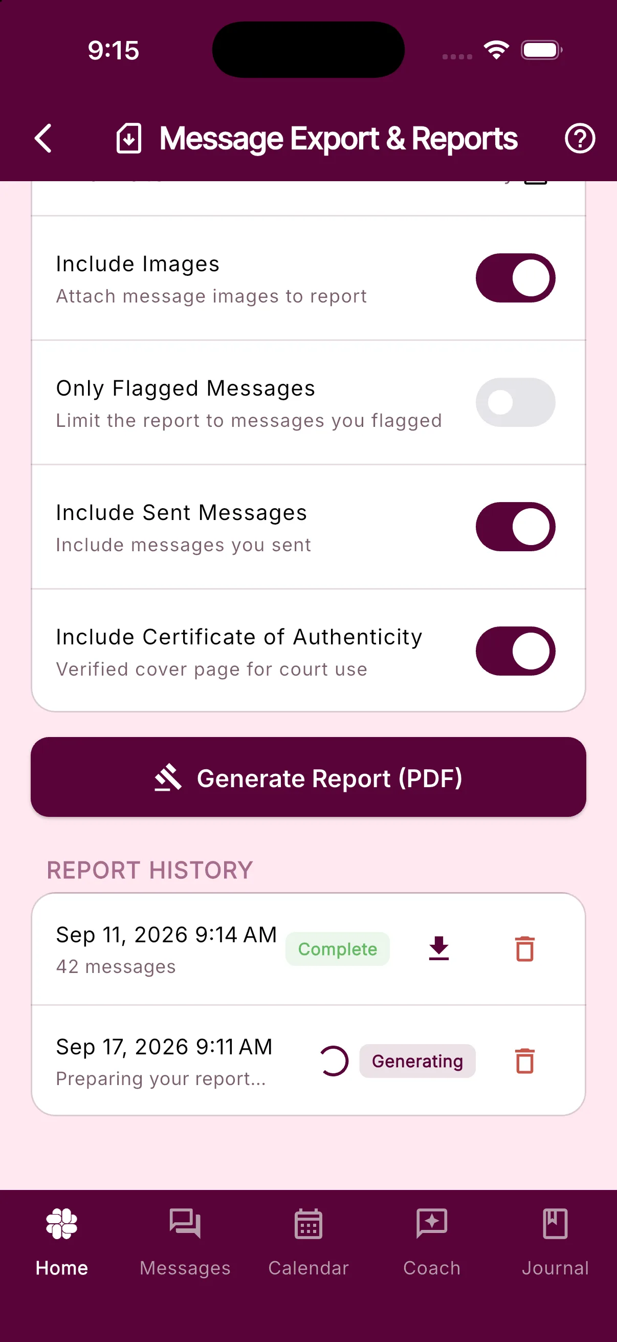 Report History showing a completed report and one still generating
