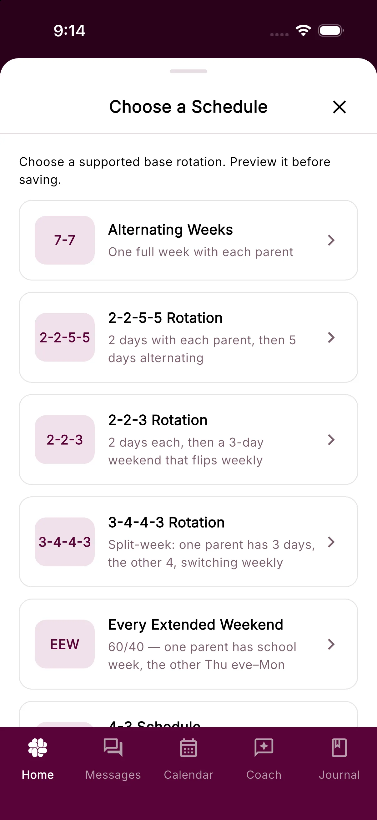 The Choose a Schedule step of the schedule builder listing the rotation templates
