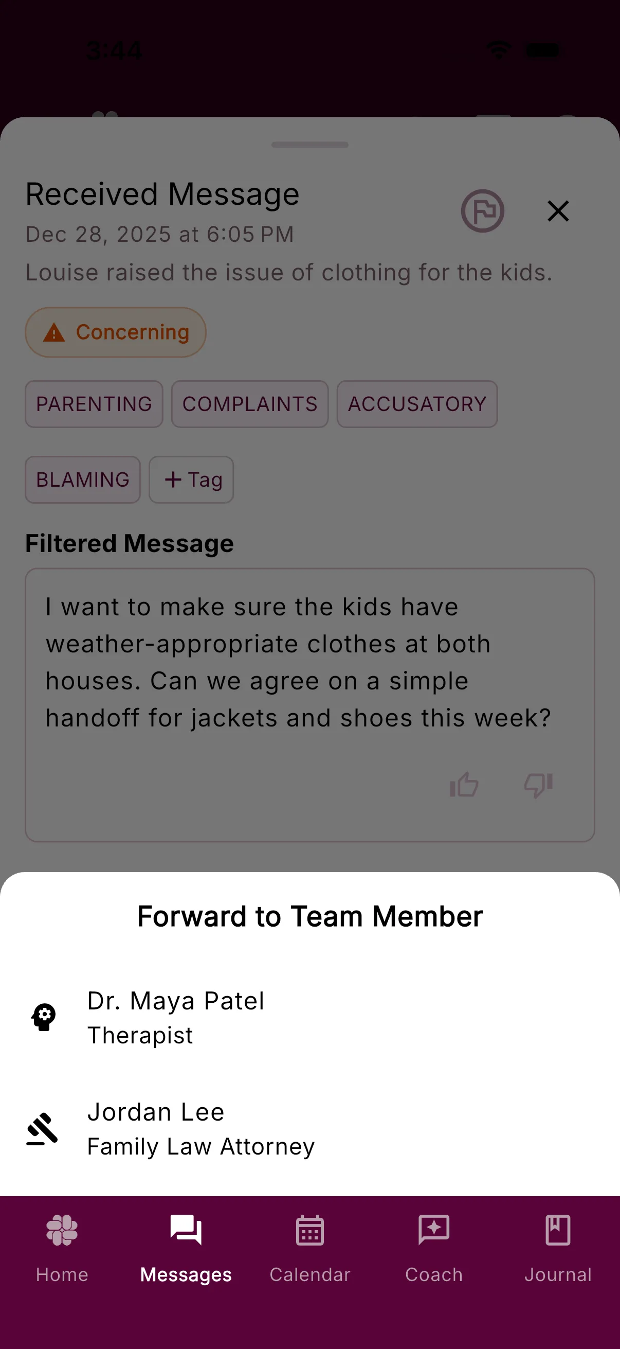 The Forward to Team Member picker listing synthetic therapist and attorney examples