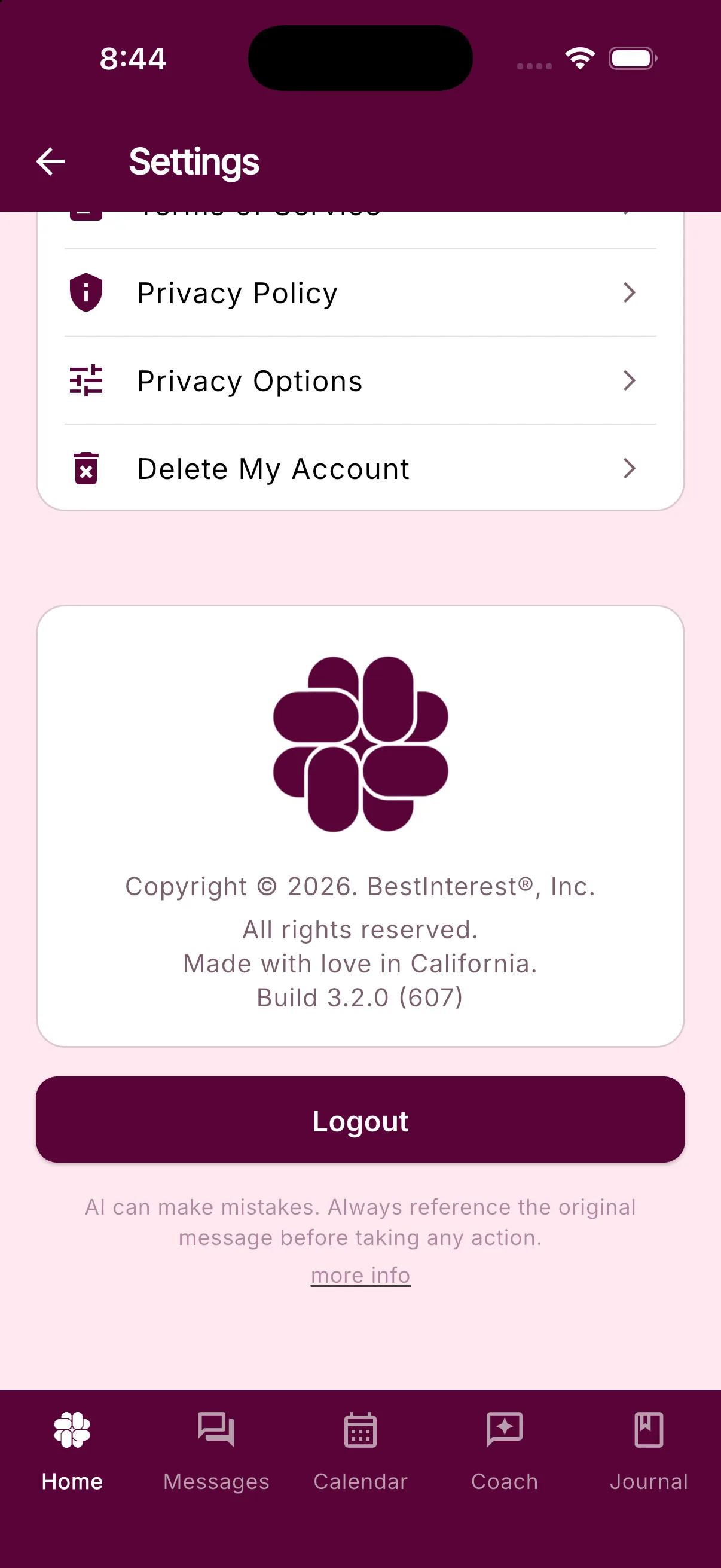 The Legal section in Settings showing Delete My Account