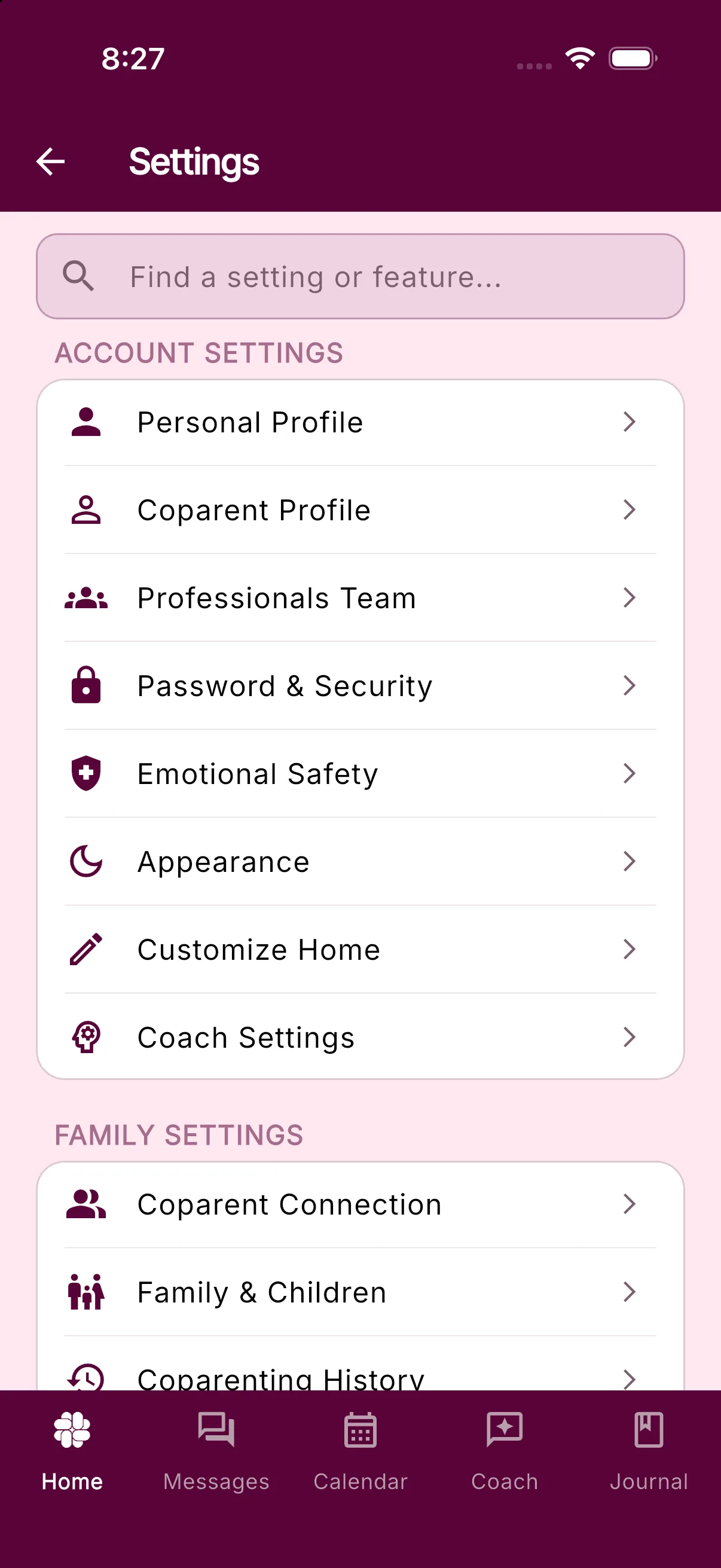 The Settings screen with the search box and the Account Settings and Family Settings sections
