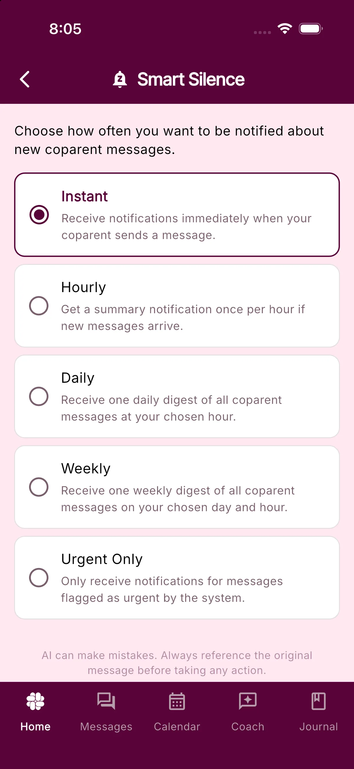 The Smart Silence screen with the Instant, Hourly, Daily, Weekly, and Urgent Only options