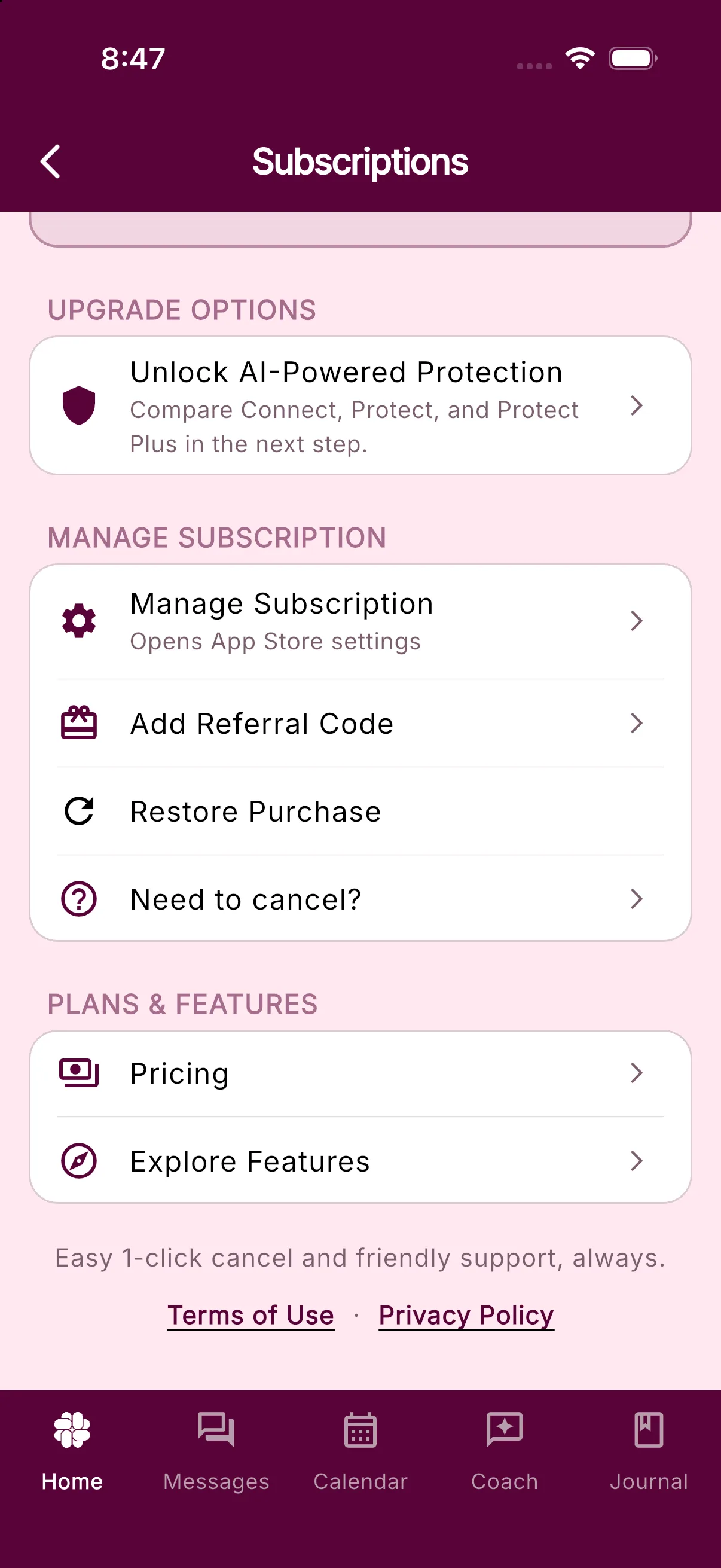 The Subscriptions screen showing the current plan, Manage Subscription, Add Referral Code, Restore Purchase, and Need to cancel