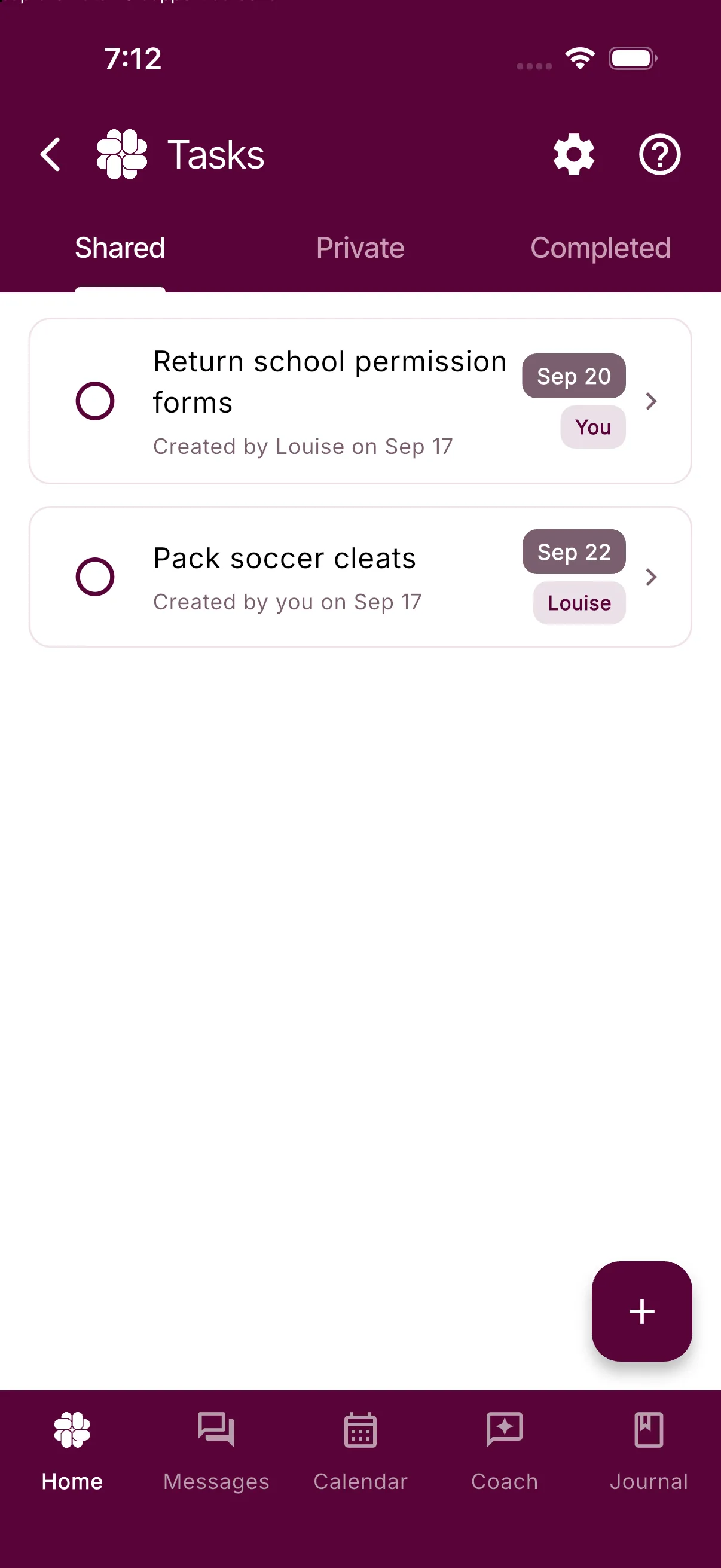Tasks and Todos showing the Shared, Private, and Completed tabs