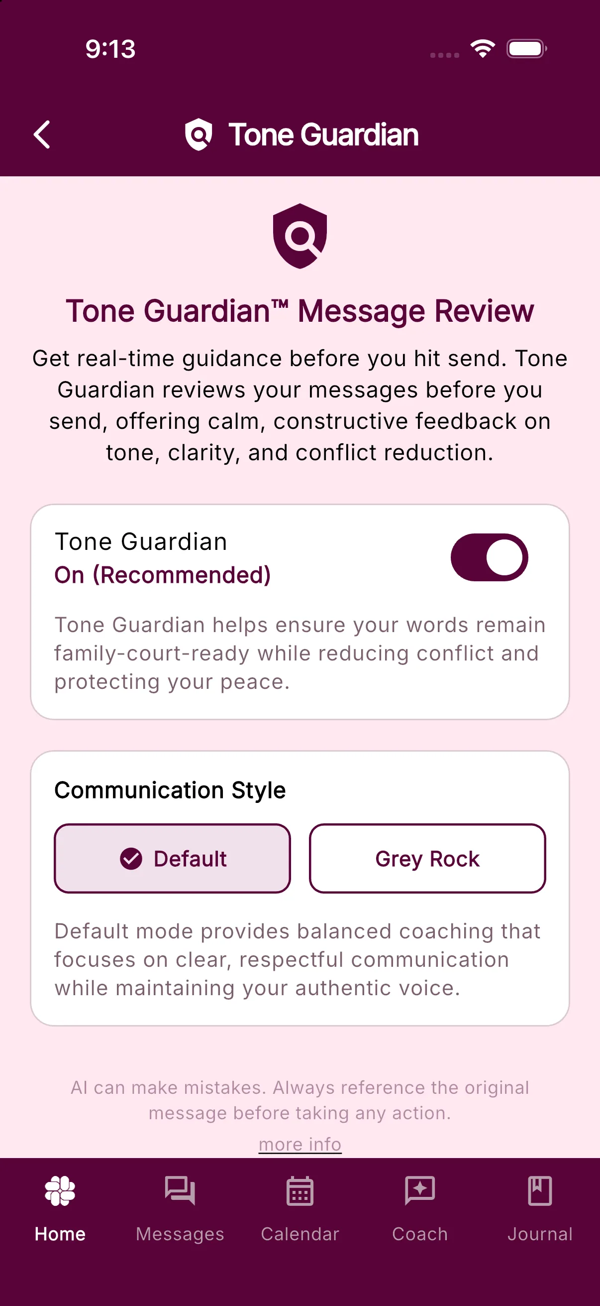The Tone Guardian screen with the Communication Style card showing the Default and Grey Rock buttons