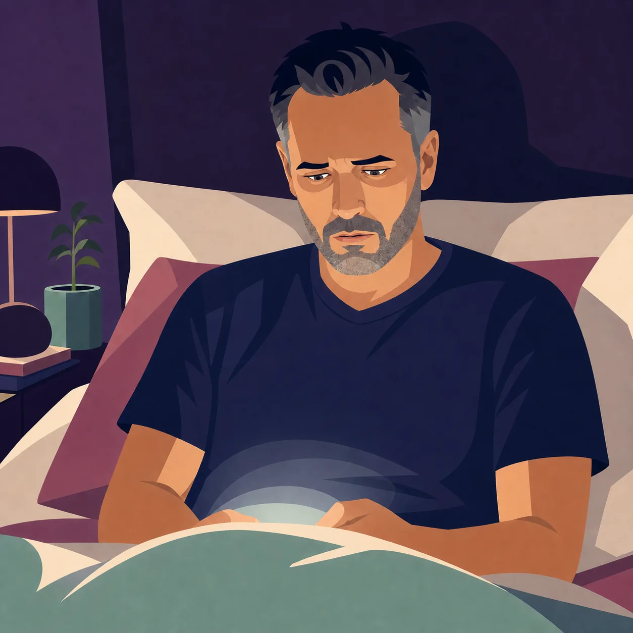 Illustration of Sol Kennedy sitting awake in bed, concerned by the glow of a late-night phone notification