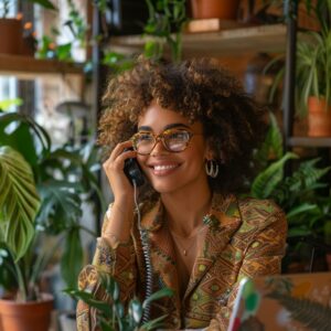 Woman enjoying phone call in lush, plant-filled room wearing stylish attire and glasses.