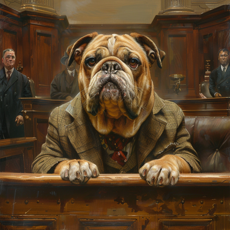 Bulldog judge in tweed suit presides over whimsical courtroom setting with attentive officials.