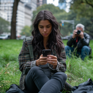 Young woman engrossed in smartphone at serene urban park, with photographer nearby.