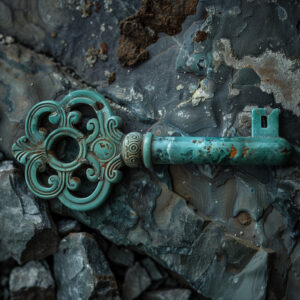 Antique key on rugged rocks, showcasing intricate design and historical patina.