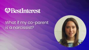 A graphic with the Best Interest logo, a question reading What if my co-parent is a narcissist? and a circular photo of a young woman with long brown hair, smiling against a white background. The design has a purple wavy pattern.
