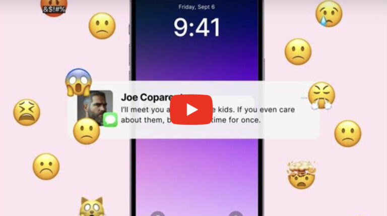 A phone screen displays a text from Joe Coparelli: Ill meet you at 4 to get the kids. If you even care about them, be on time for once. Various worried, angry, and crying emoji surround the screen.